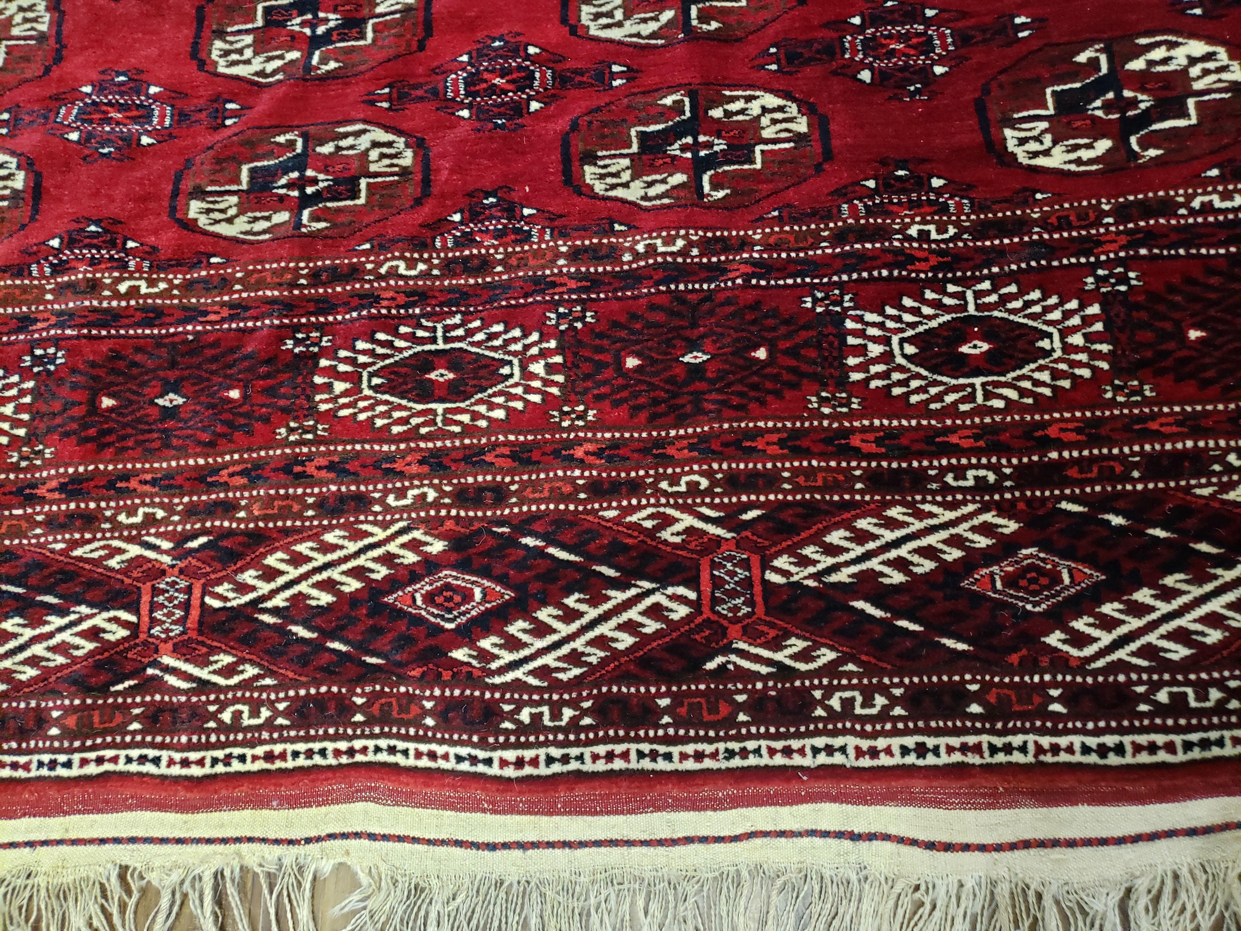 Persian Turkoman Rug 8 x 12.5, Bokhara Turkoman Carpet, Fine Oriental Rug, Vintage Wool Handmade Area Rug, Red Black Cream, Room Sized - Jewel Rugs