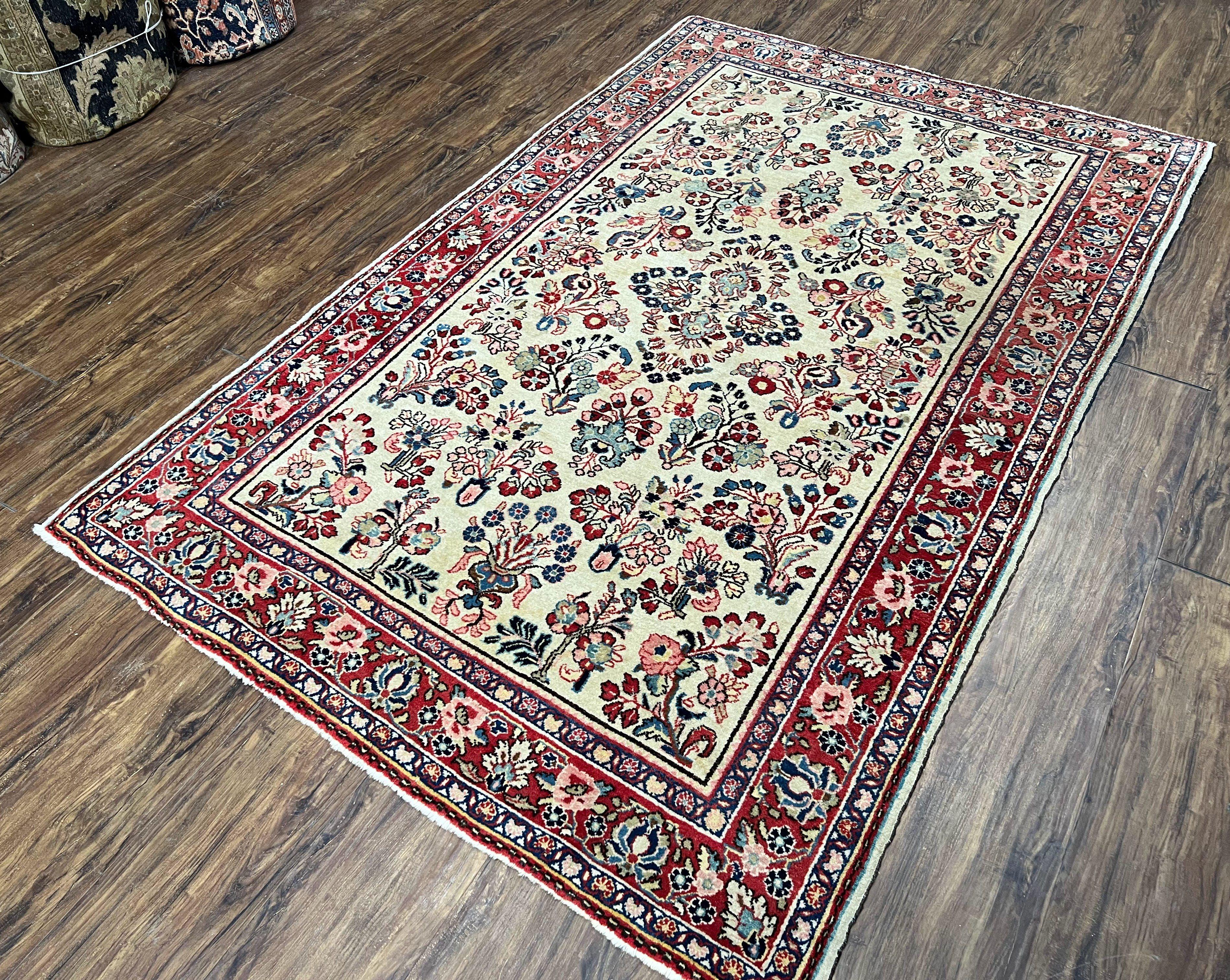 Vintage Persian Sarouk Carpet 4.2 x 6.8, Light Colored Field, Wool Persian Rug 4x7, Hand-Knotted Rug, Allover Floral Pattern, Cream Red Blue, Nice - Jewel Rugs