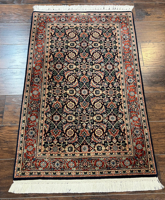 Fine Indo Persian Rug 2.5 x 4 ft, Navy Blue and Red, Allover Herati Pattern, Oriental Rug with Signature, Small Traditional Vintage Rug - Jewel Rugs