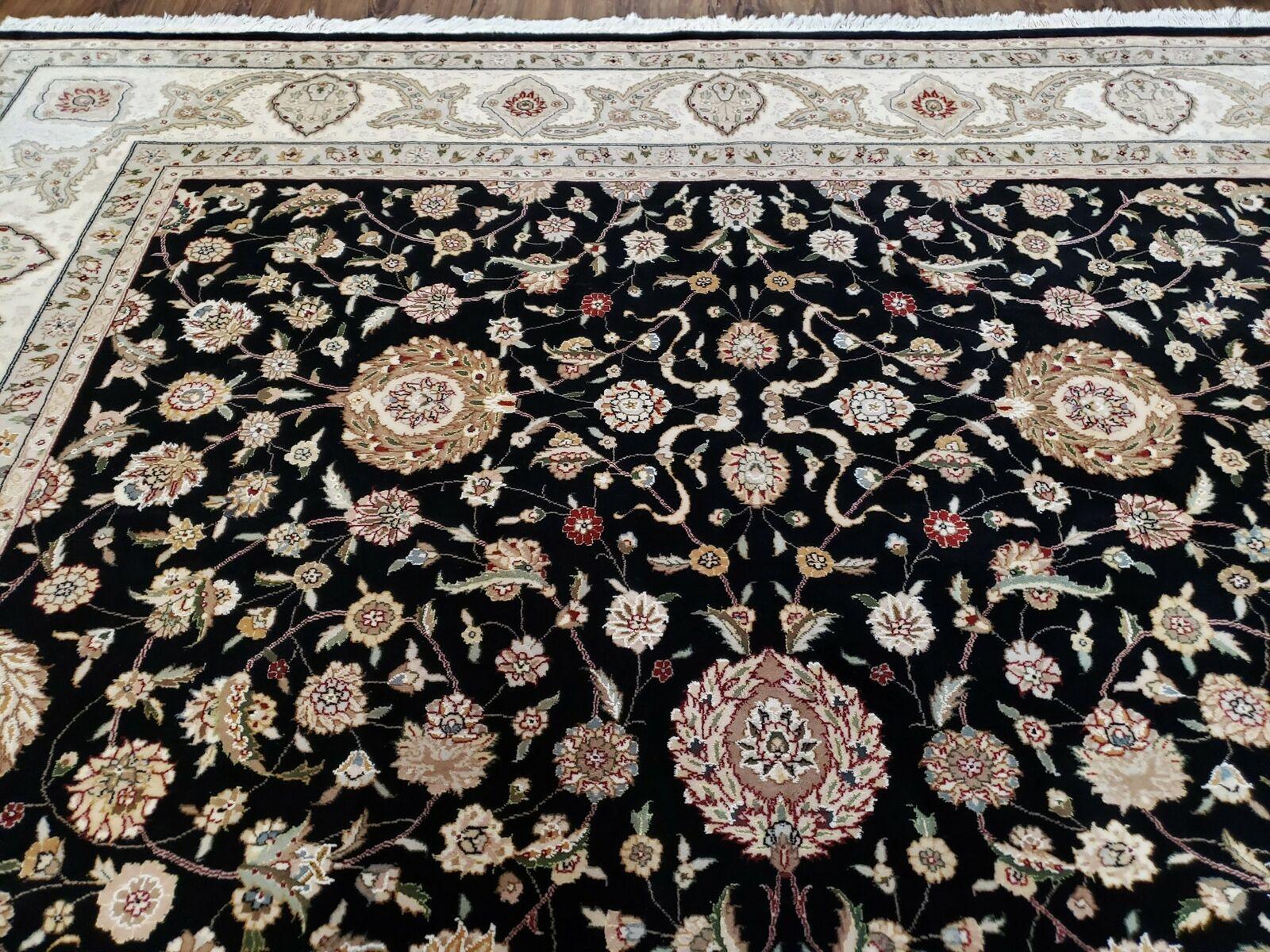 8' 5" X 11' 6" Vintage Handmade Oriental Floral Wool Rug Silk Accent Black Nice - Jewel Rugs