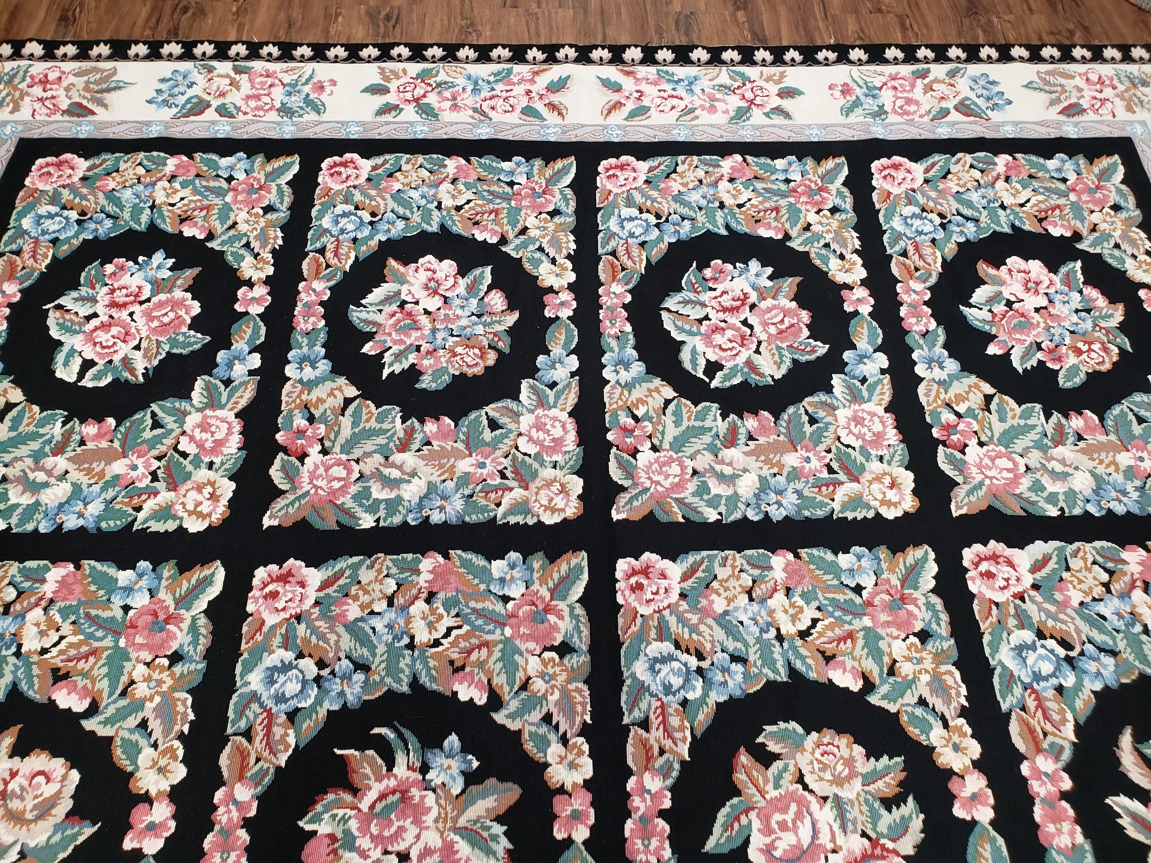 Floral Needlepoint Rug 9.5 x 13.6, Floral Panel Design, Black and Ivory Flatweave Aubusson Carpet, Multicolor - Jewel Rugs
