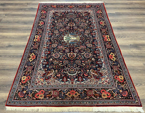 Navy Blue Persian Kashan Rug 4.4 x 6.7, Very Fine Wool Oriental Carpet, Hand-Knotted Floral Rug with Birds, Home Office Rug 4x7, Semi Antique Rug - Jewel Rugs