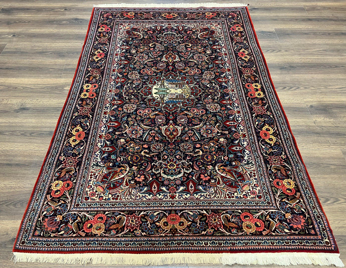 Navy Blue Persian Kashan Rug 4.4 x 6.7, Very Fine Wool Oriental Carpet, Hand-Knotted Floral Rug with Birds, Home Office Rug 4x7, Semi Antique Rug - Jewel Rugs