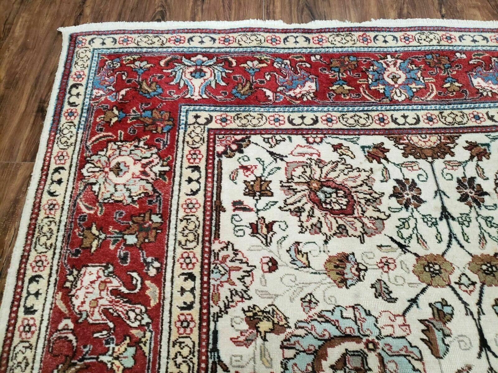 Antique Persian Tabriz Rug 9x12, Hand Knotted Oriental Carpet 9 x 12 ft, Vintage Wool Room Sized Rug, Cream and Red, Floral Allover Handmade Rug - Jewel Rugs