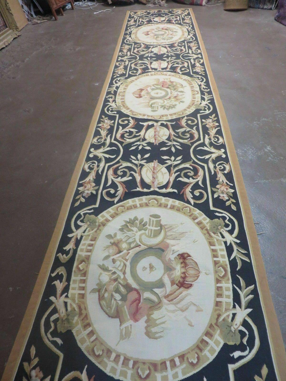 2' 7" X 14' Handmade French Garden Aubusson Needlepoint Rug Flat Weave Runner Black and Beige - Jewel Rugs