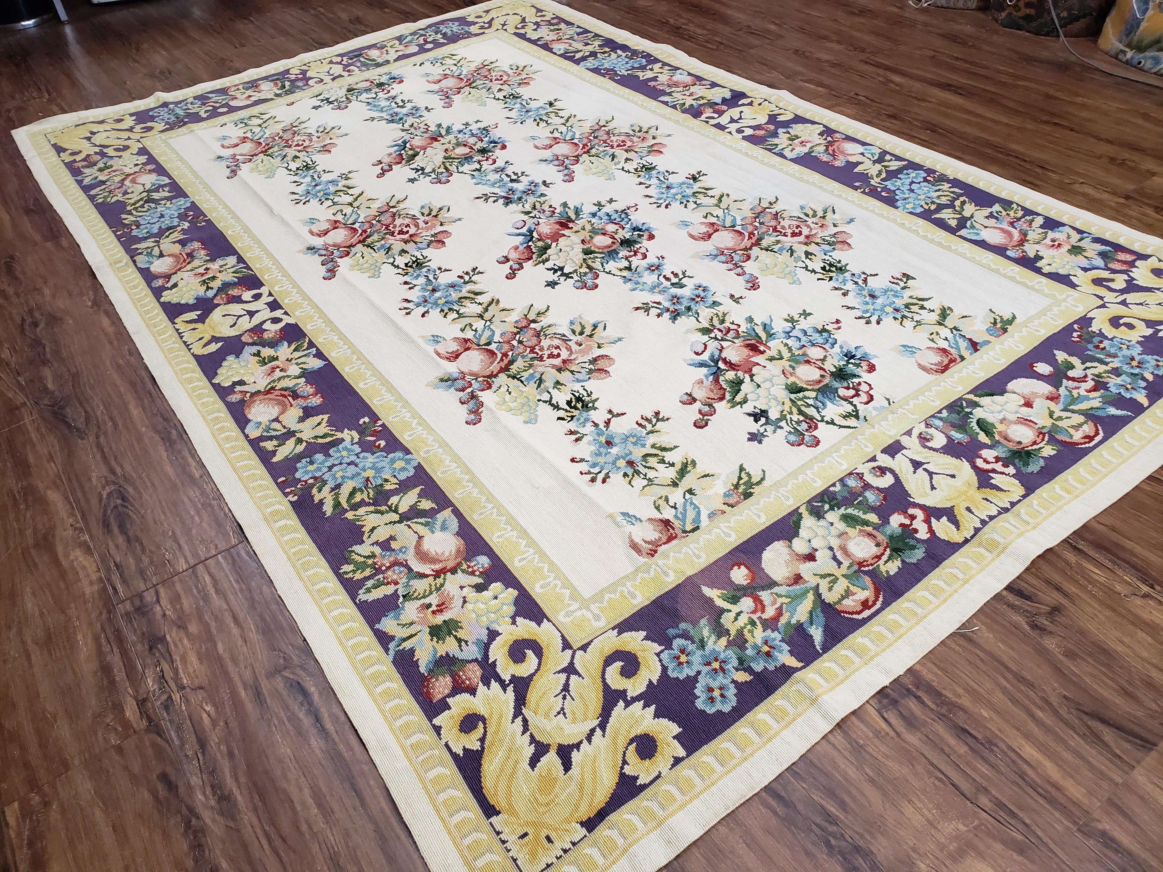 Vintage Chinese Floral Needlepoint Area Rug 6x9, Wool Hand-Woven Handmade Flatweave Rug, Ivory & Purple, Fruits Grapes Apples, Dining Room - Jewel Rugs