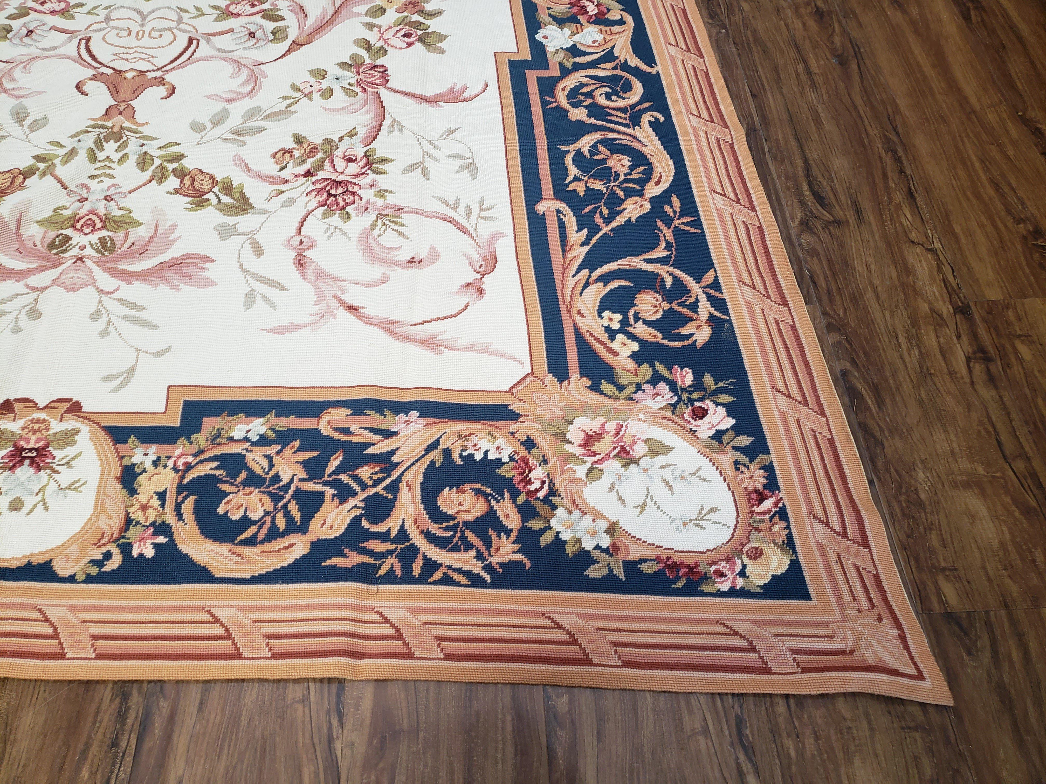 Chinese Aubusson Savonnerie Area Rug 6x8, Vintage Hand-Woven Needlepoint Rug, Flat Weave Handmade Wool Carpet Living Room Ivory & Navy Blue - Jewel Rugs