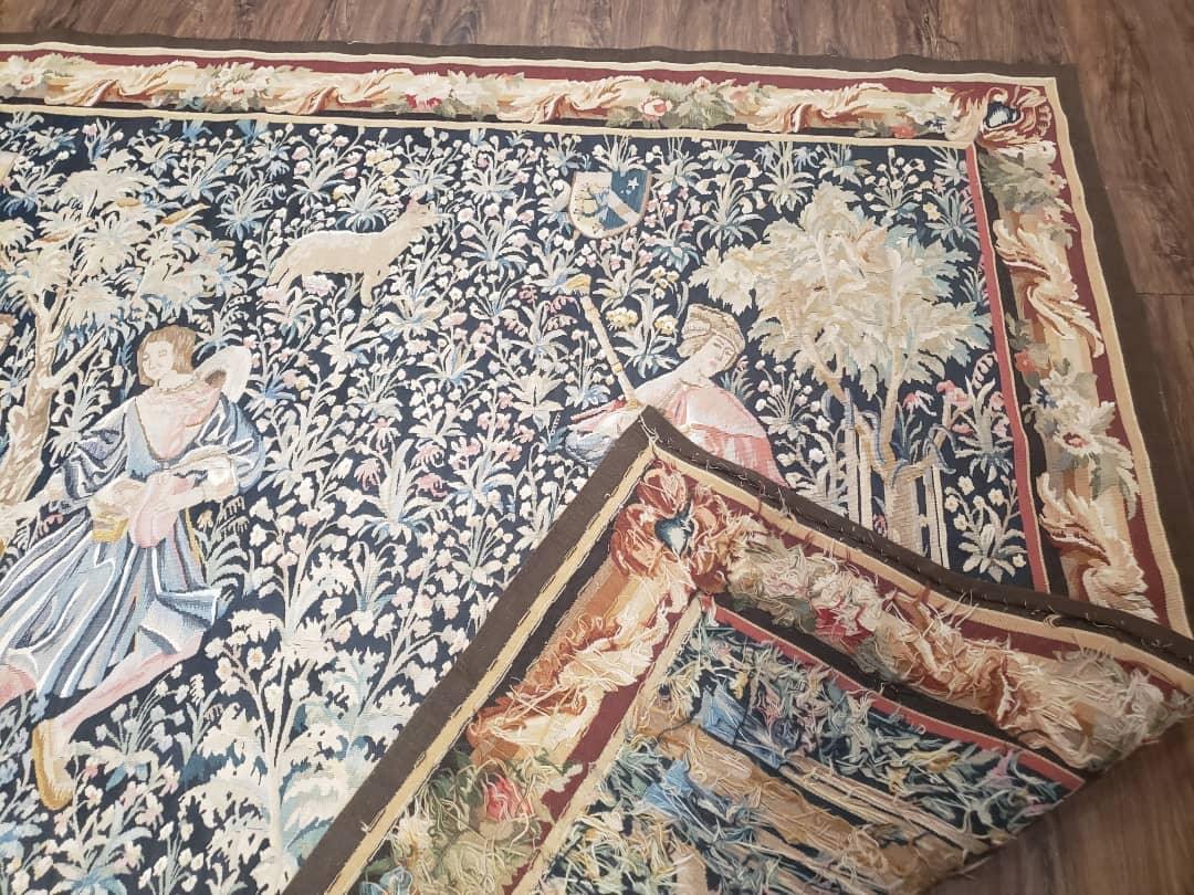 Vintage European Tapestry 5.4 x 7.11, Antique Style European Wall Hanging, Aubusson Weave Handmade Tapestry, Courtship Dating Scene, Animals - Jewel Rugs