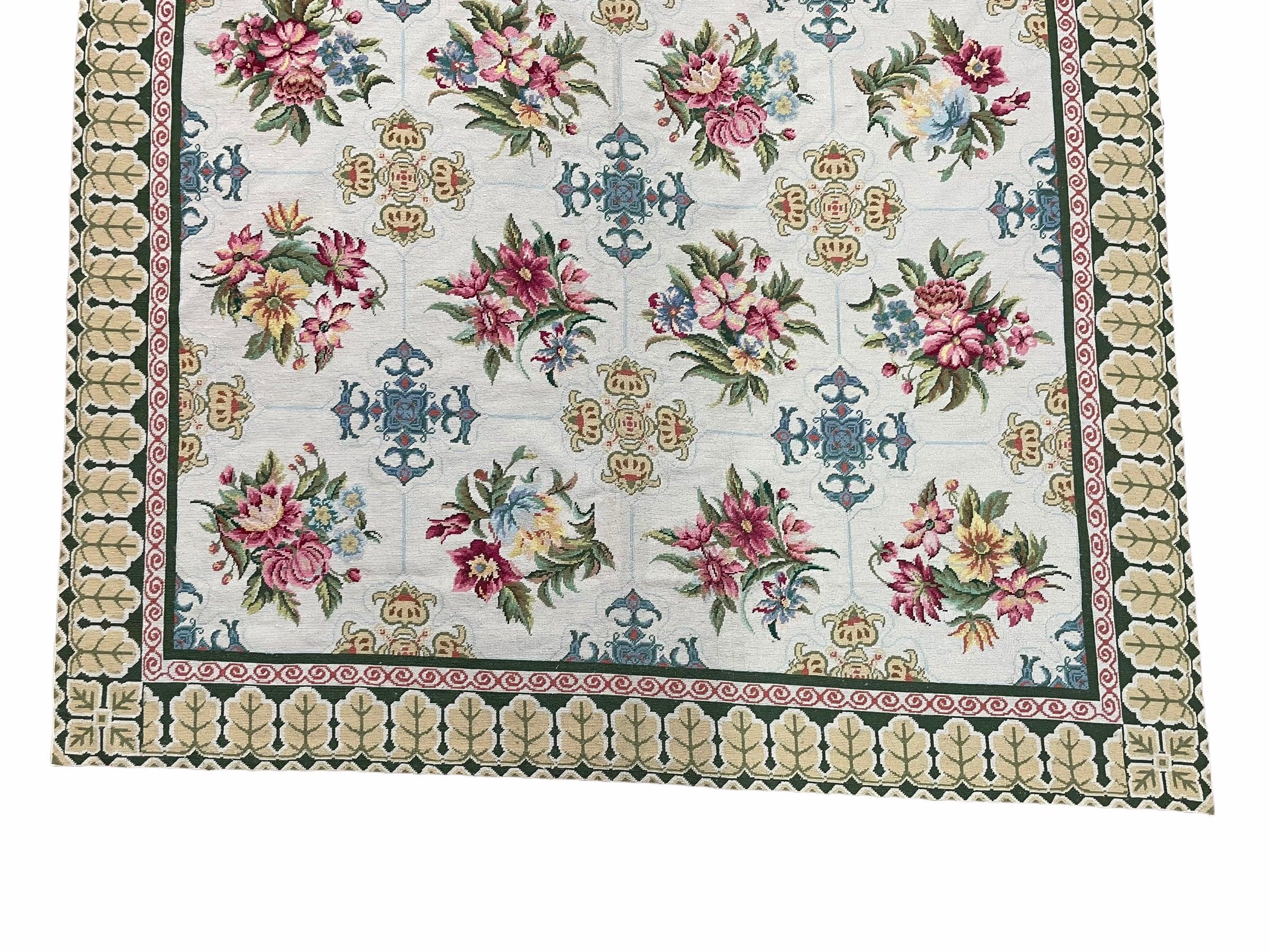 Hand-Knotted Needlepoint Carpet 6x9, Ivory/Cream Background, Colorful Flowers, Yellow Border, Aubusson Rug 6 x 9, New, Handmade - Jewel Rugs