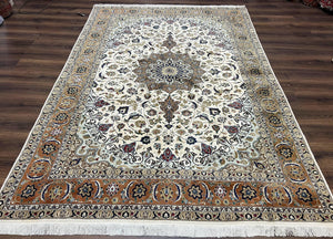 Wonderful Persian Rug 7x10, Floral Medallion, Very Fine Persian Tabriz Oriental Carpet, Vintage, Ivory/Cream, Hand Knotted Rug, Room Sized Rug, Traditional - Jewel Rugs