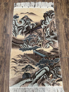 Silk Chinese Wall Hanging Rug 3x6 ft Tapestry, Pagoda Scene, Pictorial, High Quality Fine Hand Knotted Vintage, Asian Oriental Handmade Nice - Jewel Rugs