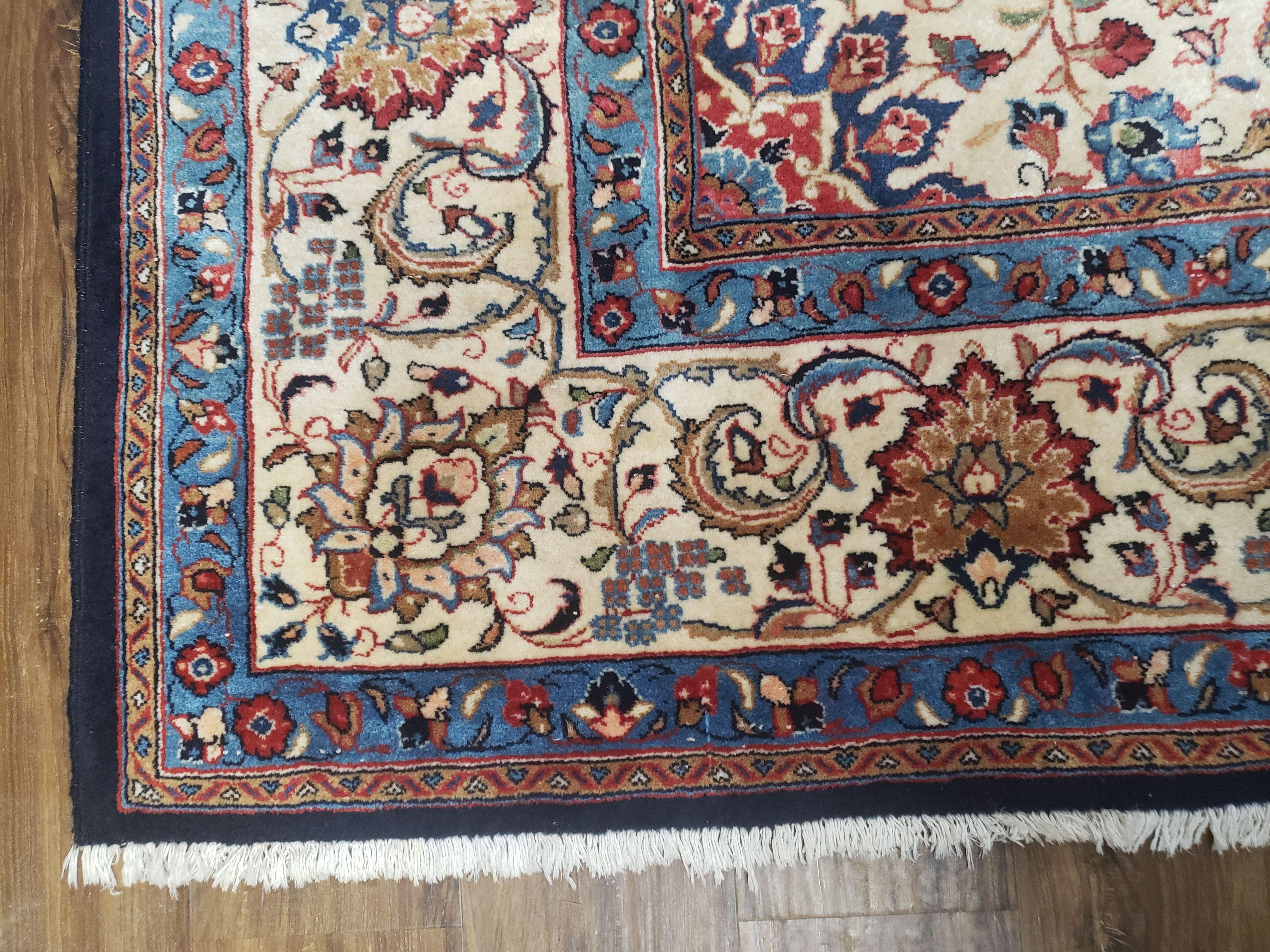 Semi Antique Persian Sarouk Rug, Dark Blue - Red - Beige, Hand-Knotted, Wool, 8'9" x 11'7" - Jewel Rugs