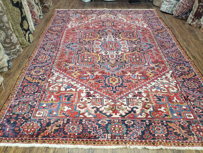 Antique Persian Heriz Rug, Red Dark Blue and Ivory, Wool, Hand-Knotted, Decorative, Tribal, 8' 4