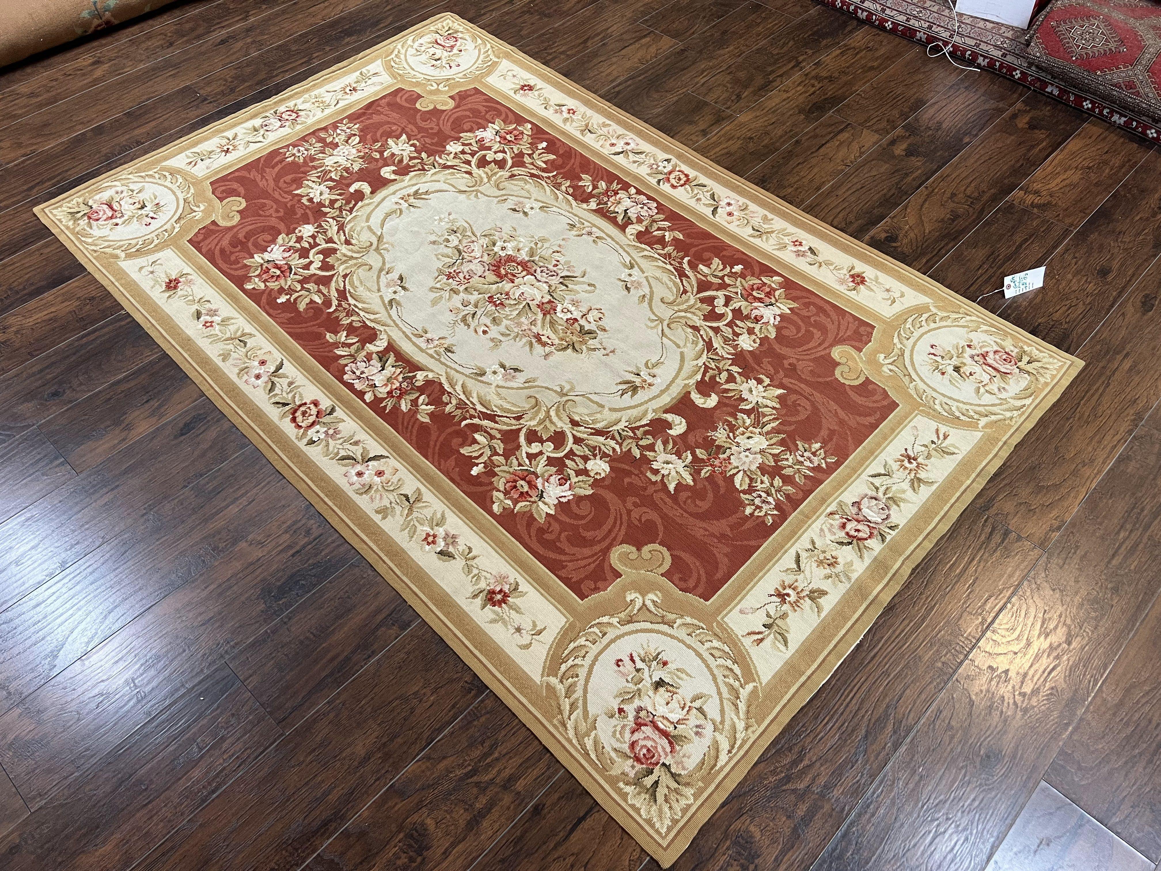 Aubusson Needlepoint Rug 5x8, Red Ivory Tan, Vintage Needlepoint Carpet 5 x 8 ft, Handmade Hand woven Wool, French European, Medium Size Rug - Jewel Rugs