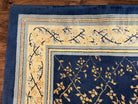 Vintage Spanish Portuguese Area Rug 10x12, Almost Square Size, Navy Blue - Gold - Cream, Floral European Design, Soft Wool Carpet Handmade - Jewel Rugs