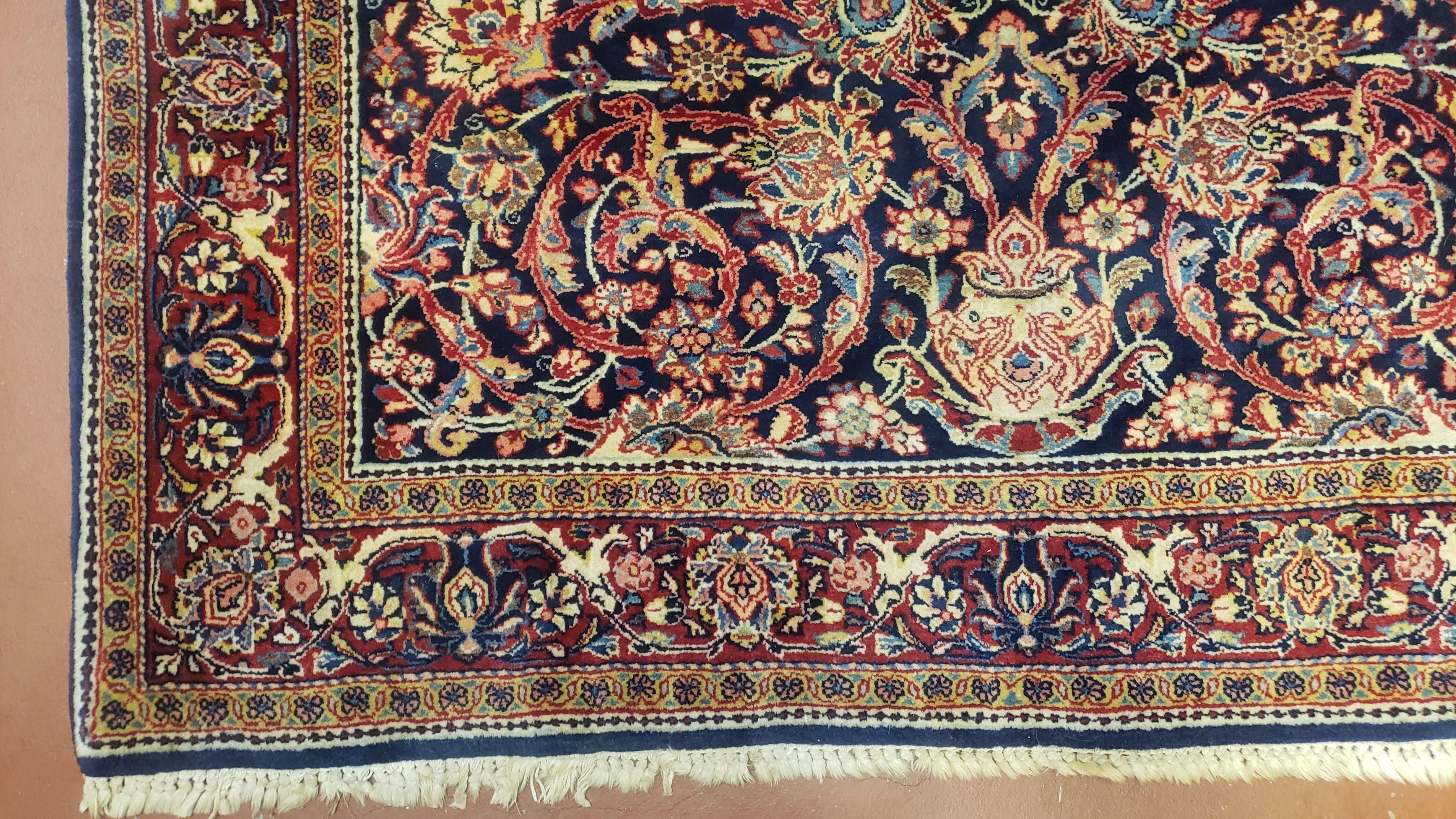 Vintage Persian Kashan Rug, Hand-Knotted, Wool, Dark Blue and Dark Red, 4' 4" x 6' 9" - Jewel Rugs