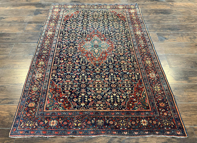 Antique Persian Sarouk Farahan Rug 4x7 Carpet, Herati Medallion, Midnight Blue and Red Wool Collectible Oriental Rug, Hand Knotted, Ferahan Feraghan - Jewel Rugs