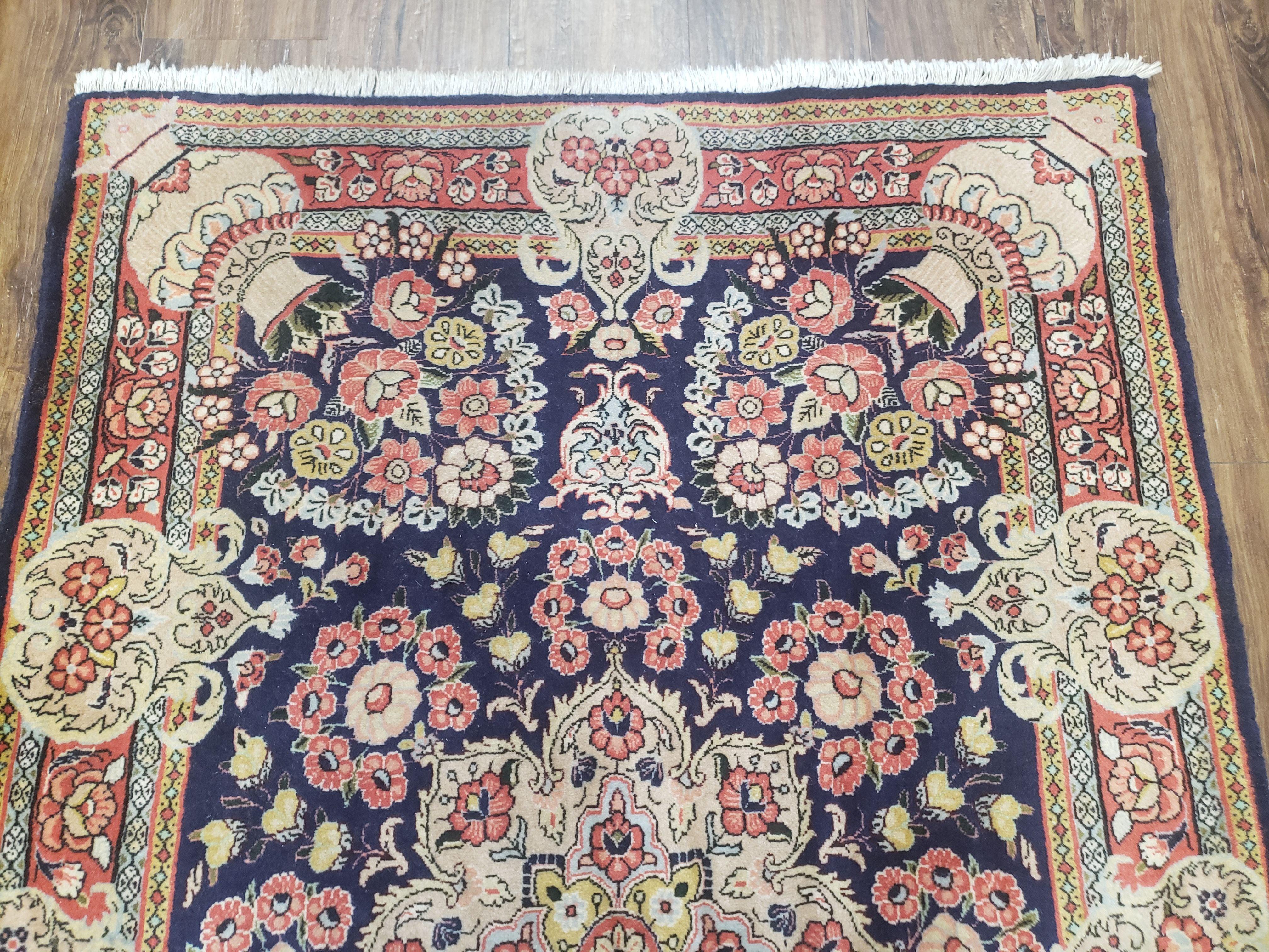 Semi Antique Persian Sarouk Rug, Vases & Flower Design, Dark Blue & Pale Red, Hand-Knotted, Wool, 3'8" x 5'3" - Jewel Rugs