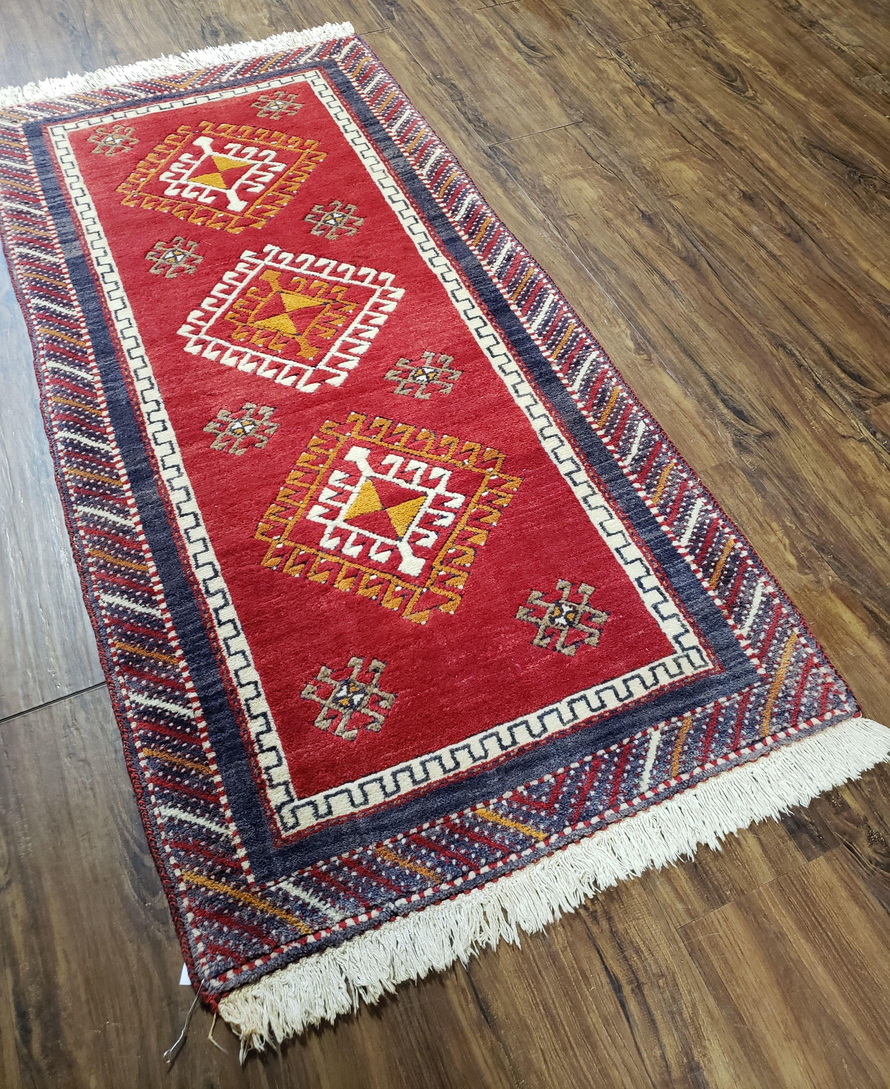 Vintage Turkish Kazak Rug 2.5 x 5 Red Wool Carpet Medallions Runner Geometric - Jewel Rugs