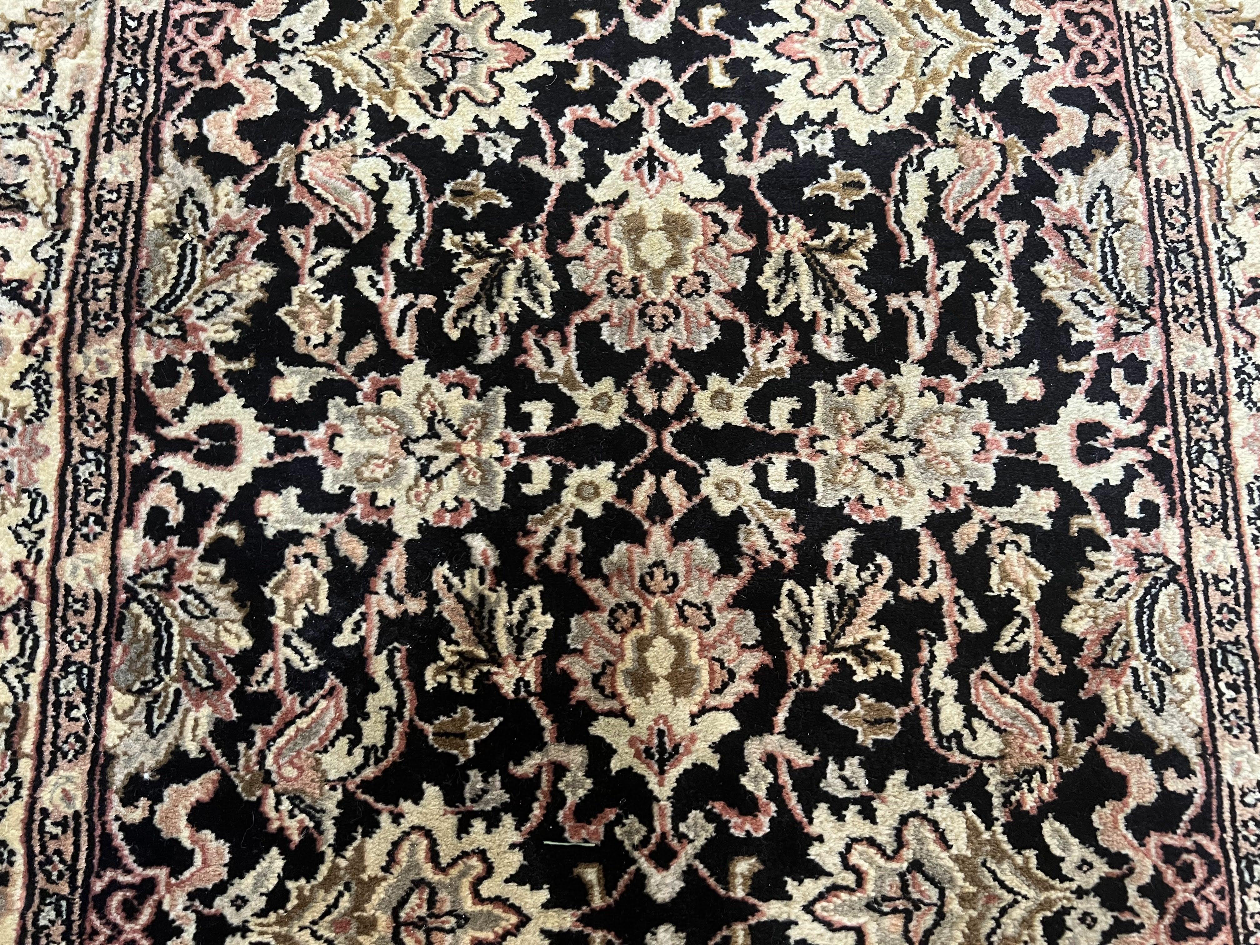 Indo Persian Runner Rug 2.8 x 8, Hand Knotted Wool Oriental Runner, Hallway Rug, Allover Floral, Black and Beige, Vintage Indian Runner - Jewel Rugs