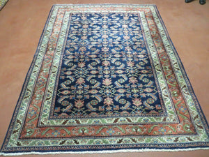 Antique Persian Lilihan Rug 5x7, Wool Hand Knotted Oriental Carpet 5 x 7 ft, Herati Pattern Navy Blue & Red-Orange Medium Sized Handmade Vintage Rug