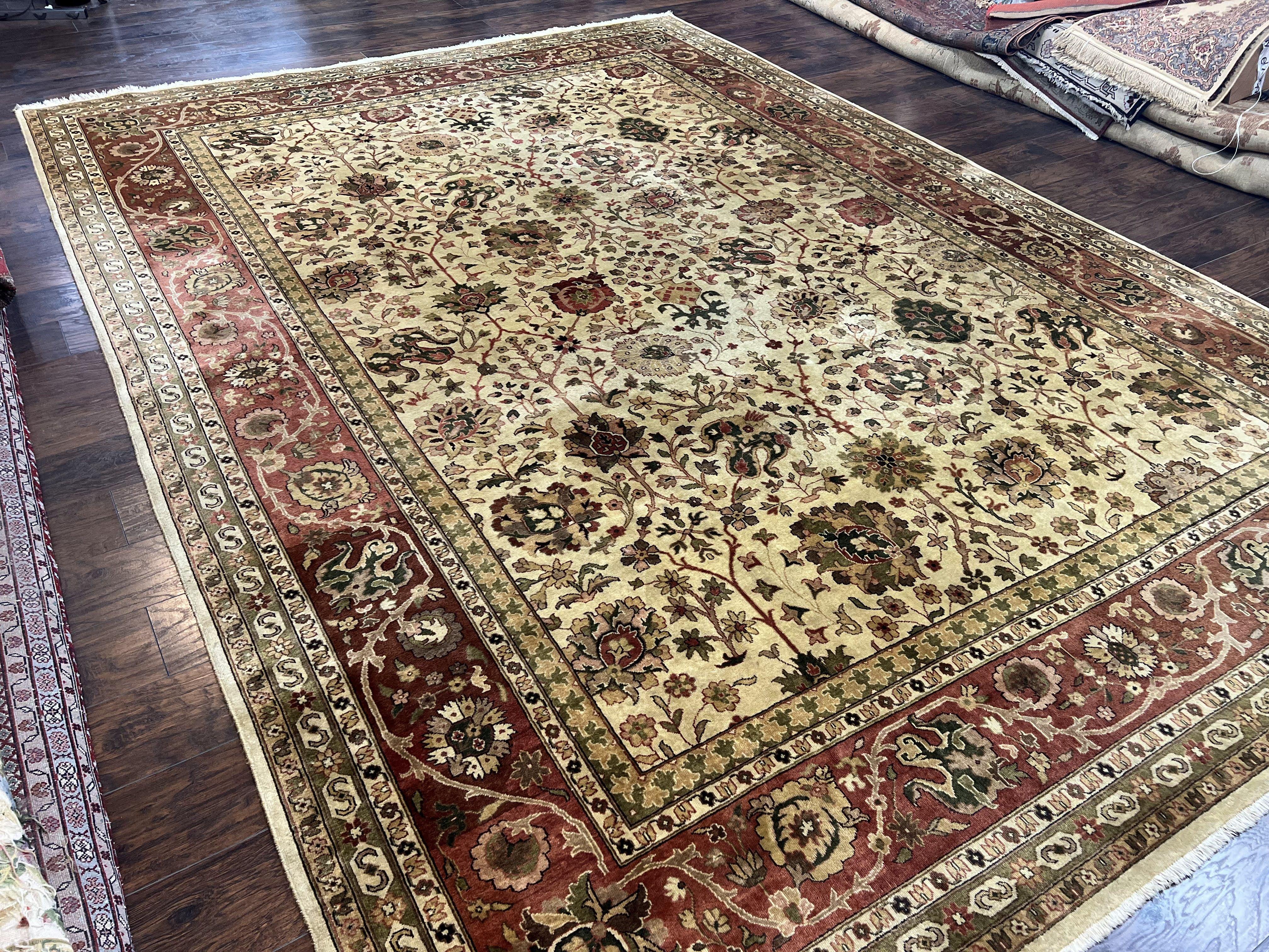 Large Indian Rug 10x14, Hand Knotted Indo Persian Gandehar Oriental Carpet, Vintage Wool Rug 10 x 14 ft Cream Red Floral Allover Traditional - Jewel Rugs