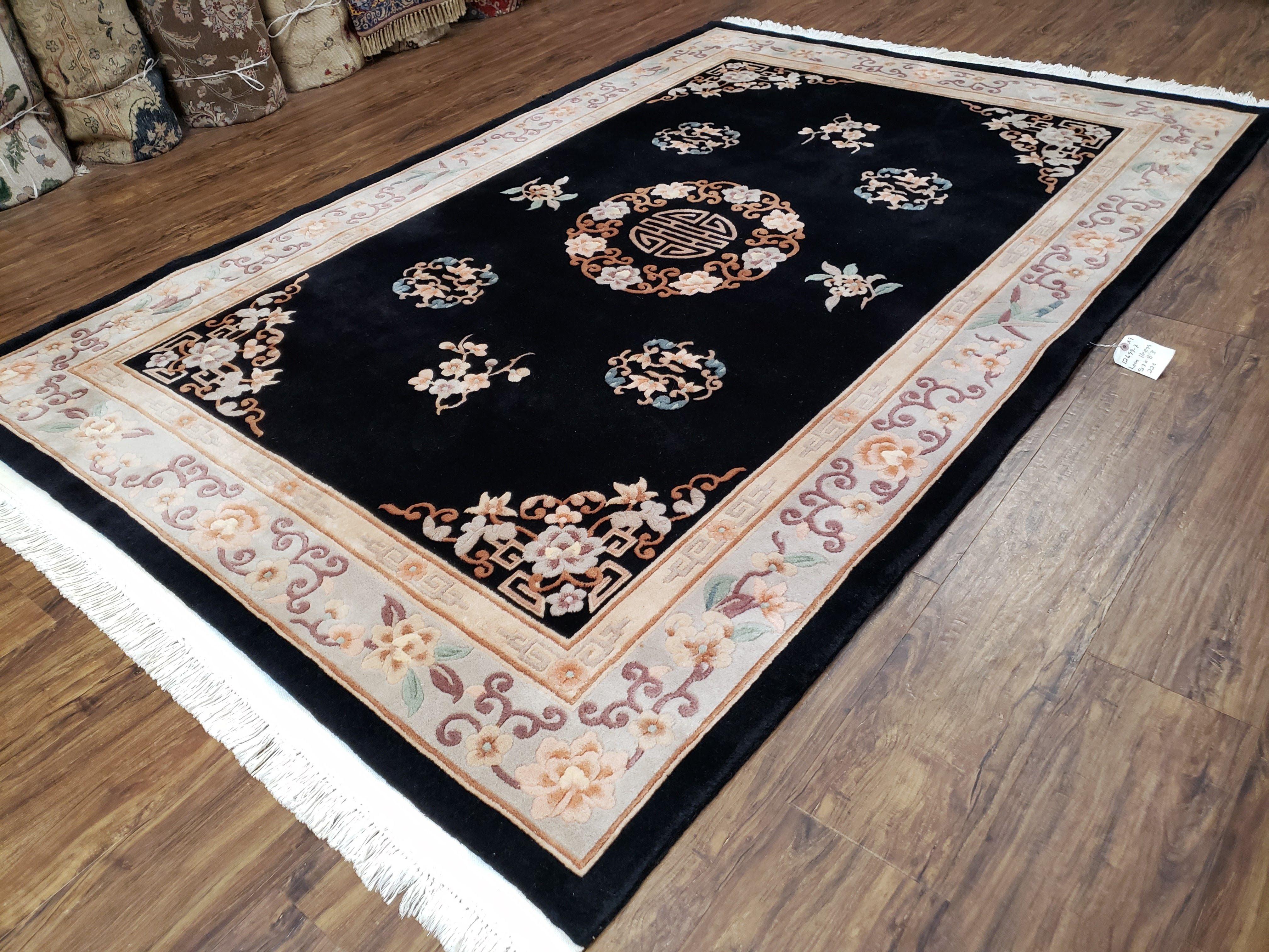 Vintage Chinese Art Deco Area Rug 5' 7" x 8' 3", Black & Gray Hand-Knotted Wool Carpet, Traditional Asian/Oriental Carpet, Flowers Soft Pile - Jewel Rugs