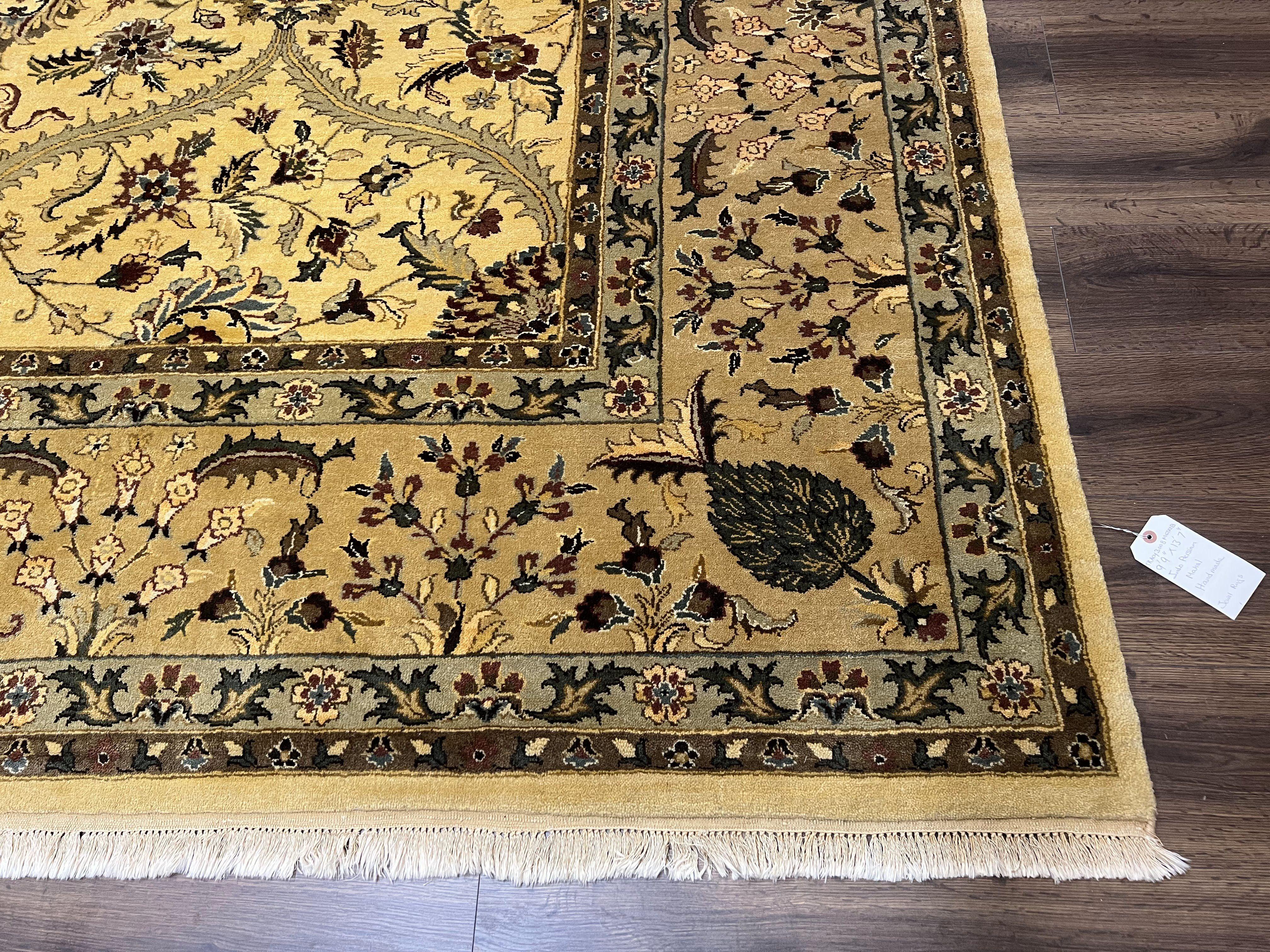 Indo Persian Mahal Rug 10x14, Wool Hand Knotted Oriental Carpet, Cream Floral Allover, Vintage Area Rug 10 x 14, Traditional Rug, Handmade - Jewel Rugs