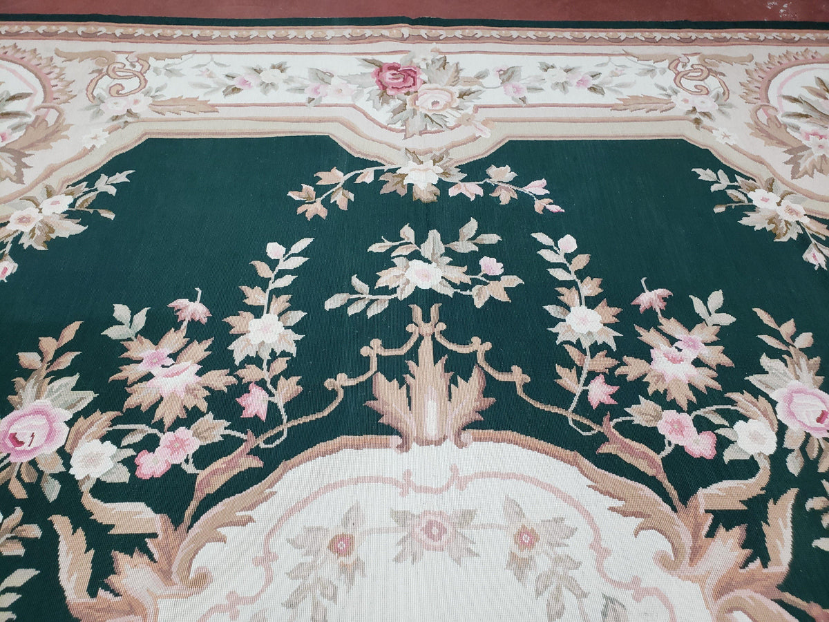 Dark Green Aubusson Rug, 10x14 Needlepoint Carpet, Vintage Wool Savonn