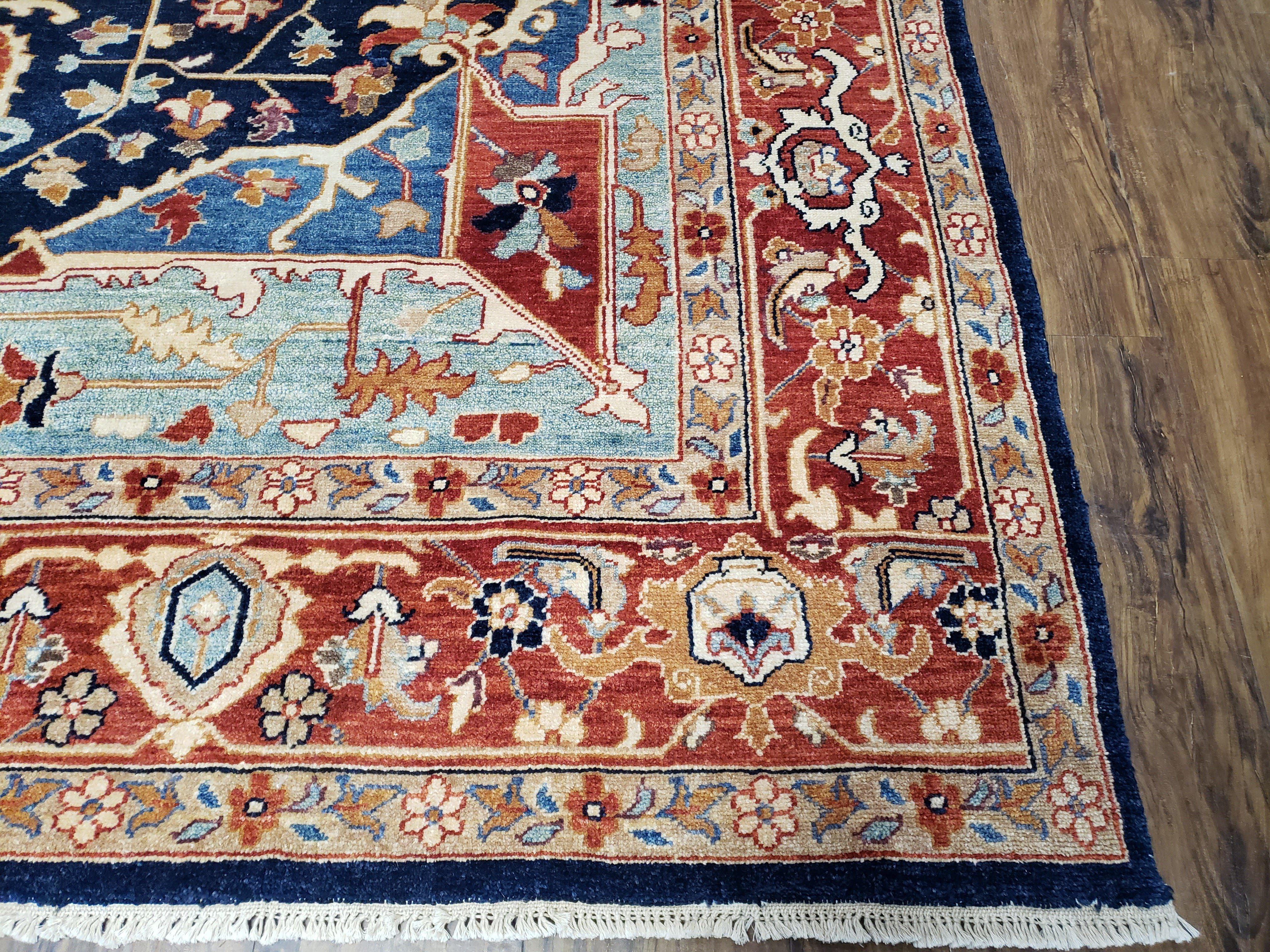 Safavieh Samarkand Heriz Rug 8x9 ft, Colorful Serapi Room Sized Hand-Knotted Wool Carpet, Tribal Rug, Vintage Oriental Rug, Navy Blue & Red - Jewel Rugs