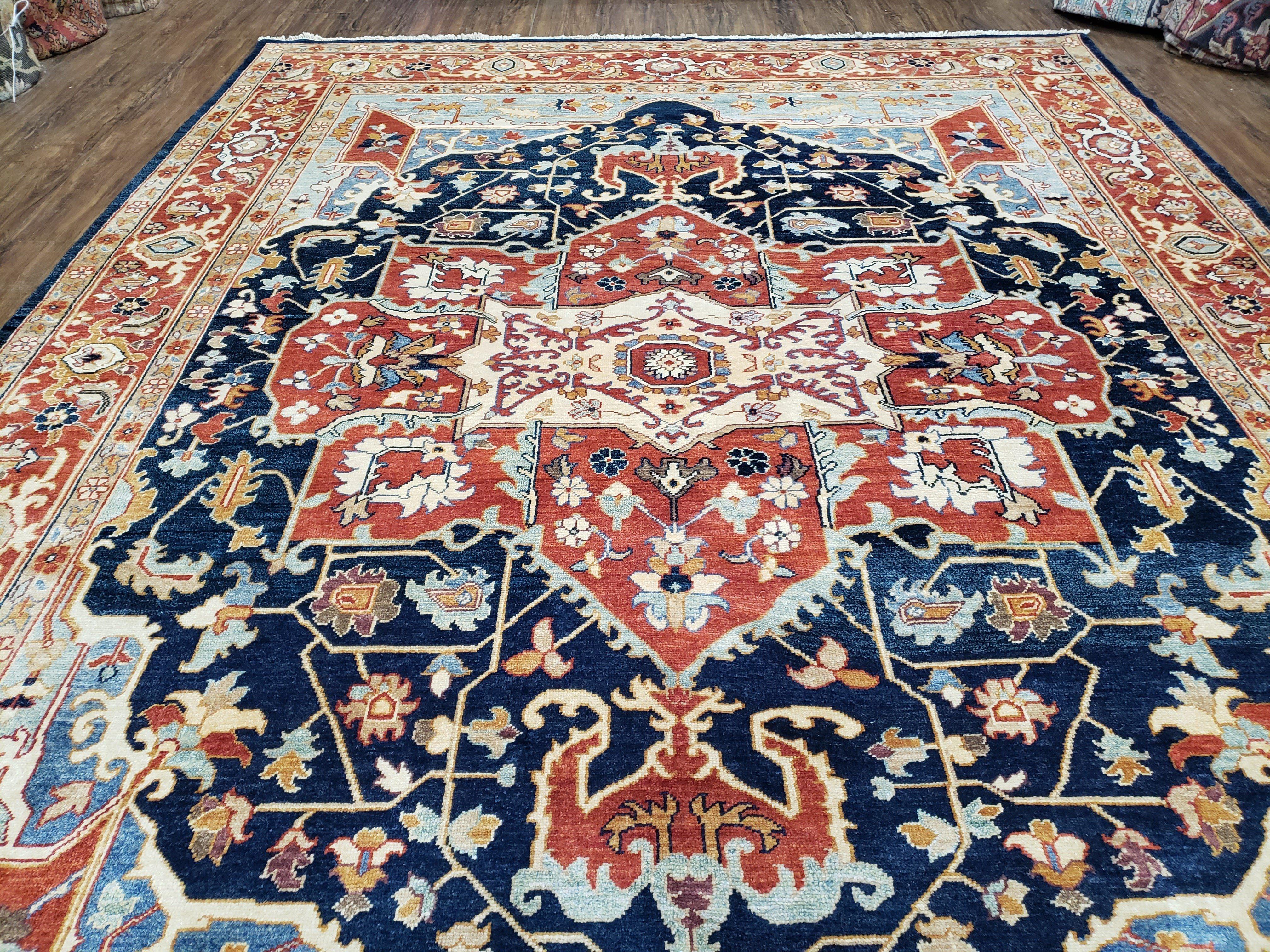 Safavieh Samarkand Heriz Rug 8x9 ft, Colorful Serapi Room Sized Hand-Knotted Wool Carpet, Tribal Rug, Vintage Oriental Rug, Navy Blue & Red - Jewel Rugs