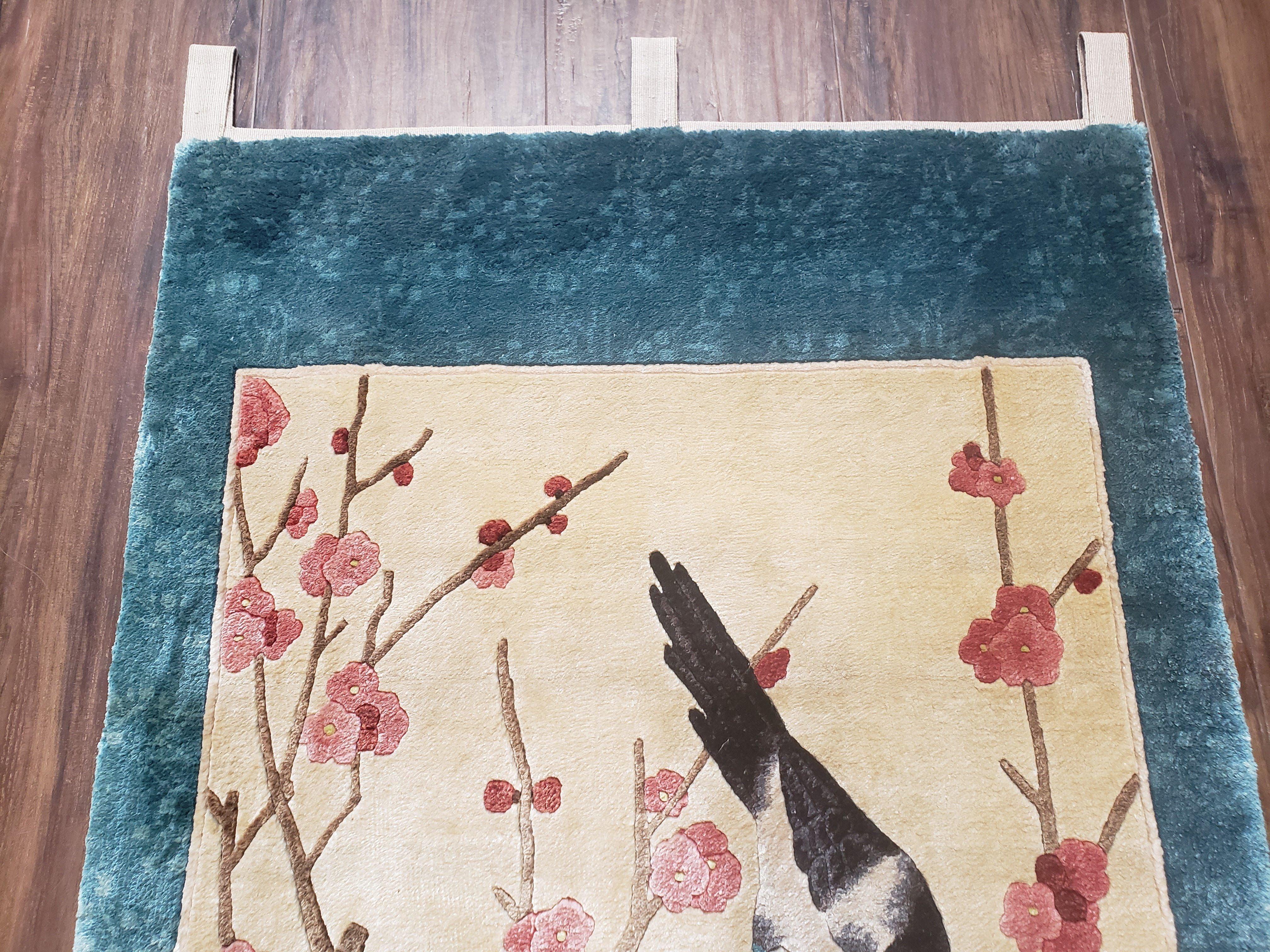 Vintage Chinese Tapestry Wall Hanging Rug 2x5 Hand-Knotted Chinese Silk Wall Hanging, Teal Cream 1960s Art Deco Tapestry Carpet Birds Pair A - Jewel Rugs