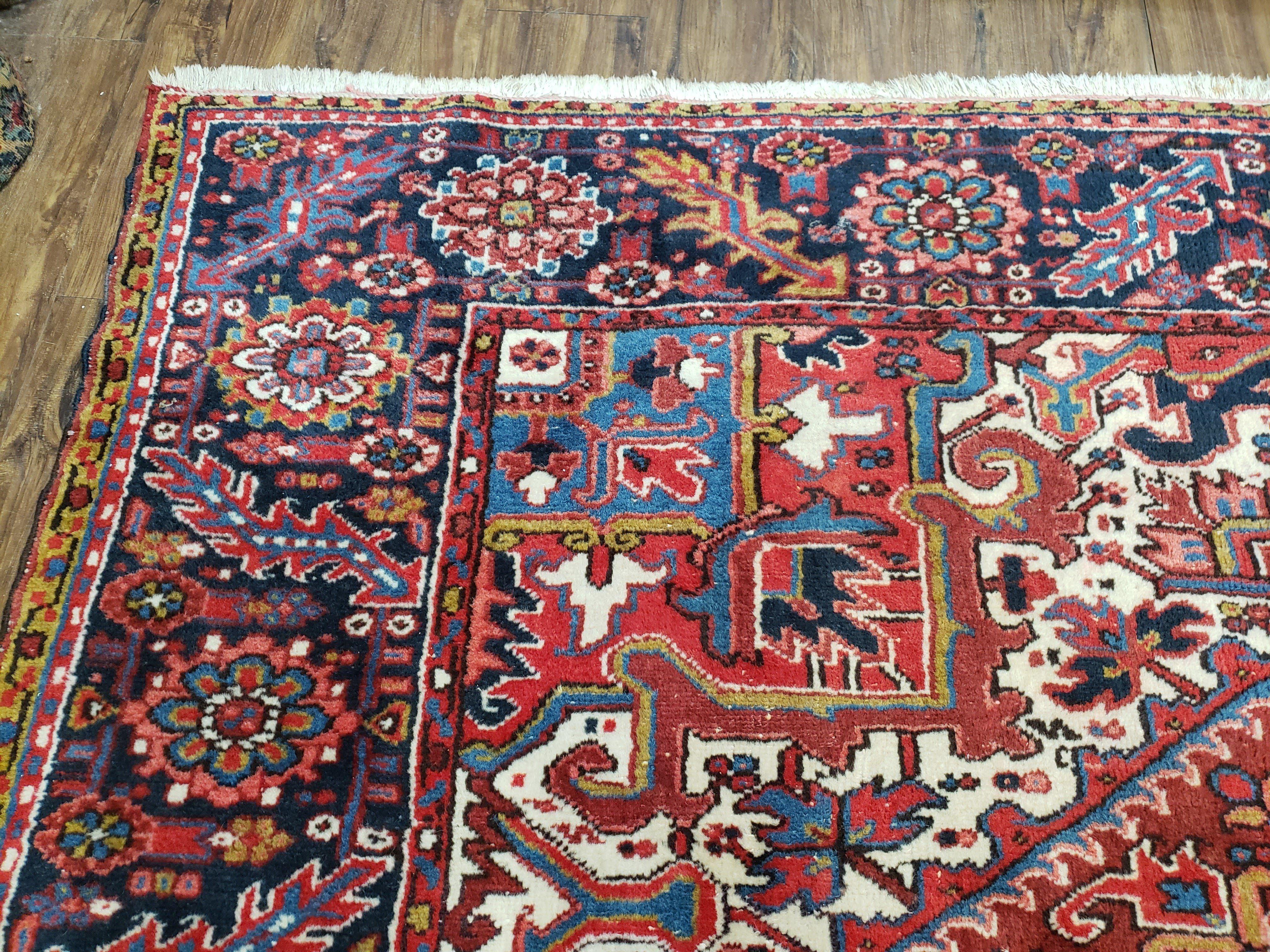 Antique Persian Heriz Rug, Red Dark Blue and Ivory, Wool, Hand-Knotted, Decorative, Tribal, 8' 4" x 11' 3" - Jewel Rugs