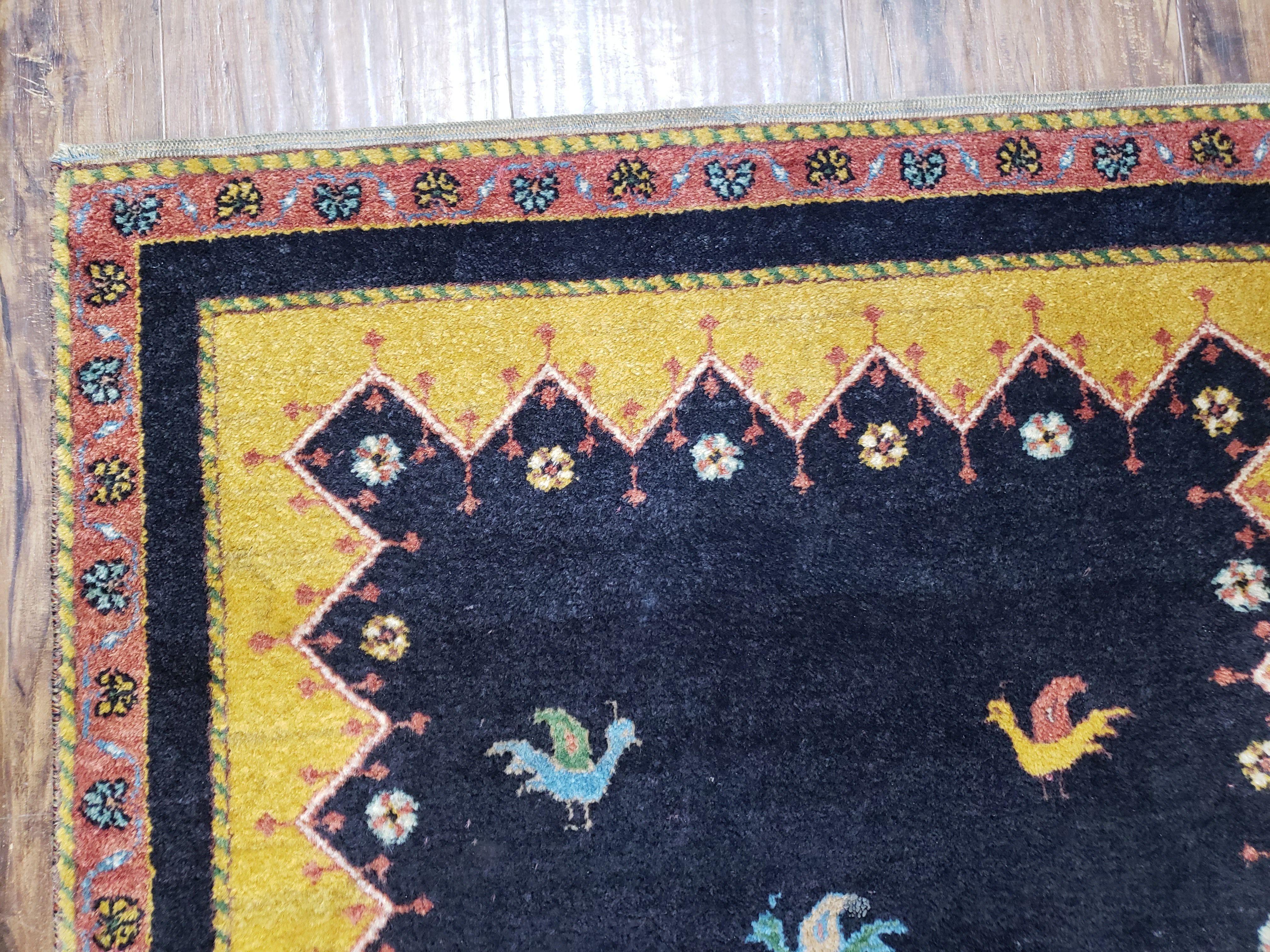 2' 4" X 9' 9" Handmade India Oriental Wool Runner Rug Birds Navy Blue Yellow - Jewel Rugs