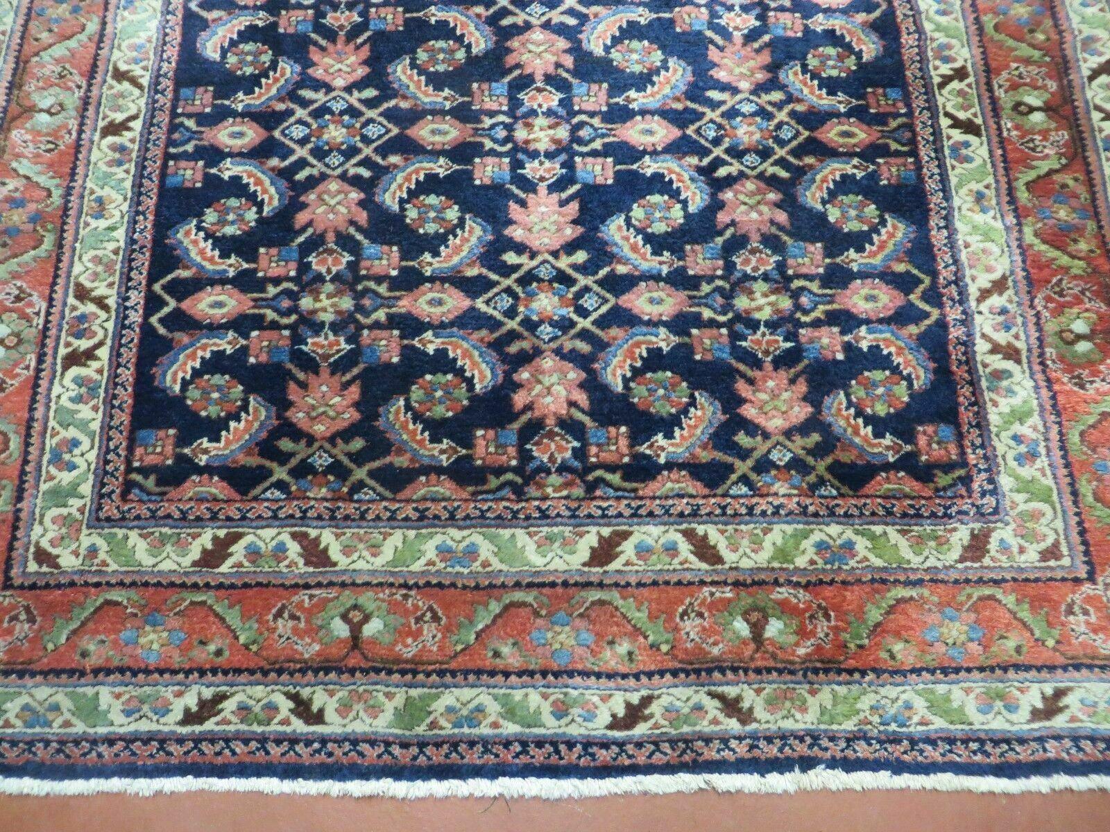Antique Persian Lilihan Rug 5x7, Wool Hand Knotted Oriental Carpet 5 x 7 ft, Herati Pattern Navy Blue & Red-Orange Medium Sized Handmade Vintage Rug - Jewel Rugs