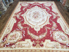 Vintage Aubusson Rug, Aubusson Savonnerie Needlepoint Area Rug 8x11, Handmade Wool Red & Ivory Chinese Aubusson European Carpet, Flat Pile - Jewel Rugs