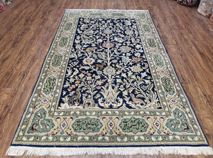 Semi Antique Persian Qum Tree of Life Rug, Hand-Knotted, Wool, Midnight Blue and Tan, Animal Pictorials, Written Poem in Borders, 4' 8" x 7' 8" - Jewel Rugs