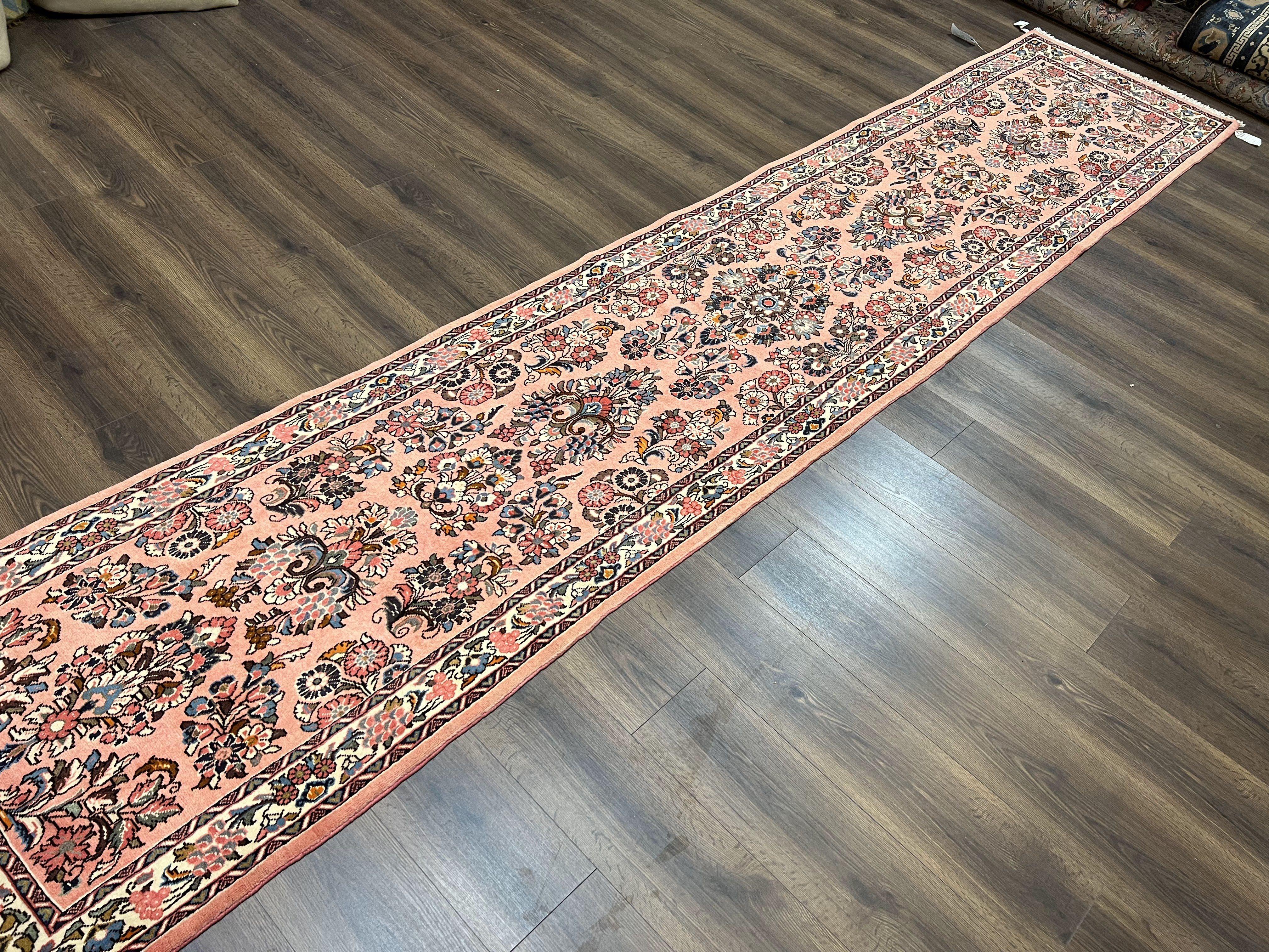 Persian Runner Rug 2.9 x 13.6, Semi Antique Vintage Persian Sarouk Hallway Rug, Wool Oriental Runner, Salmon and Cream, Floral Allover Hand Knotted - Jewel Rugs