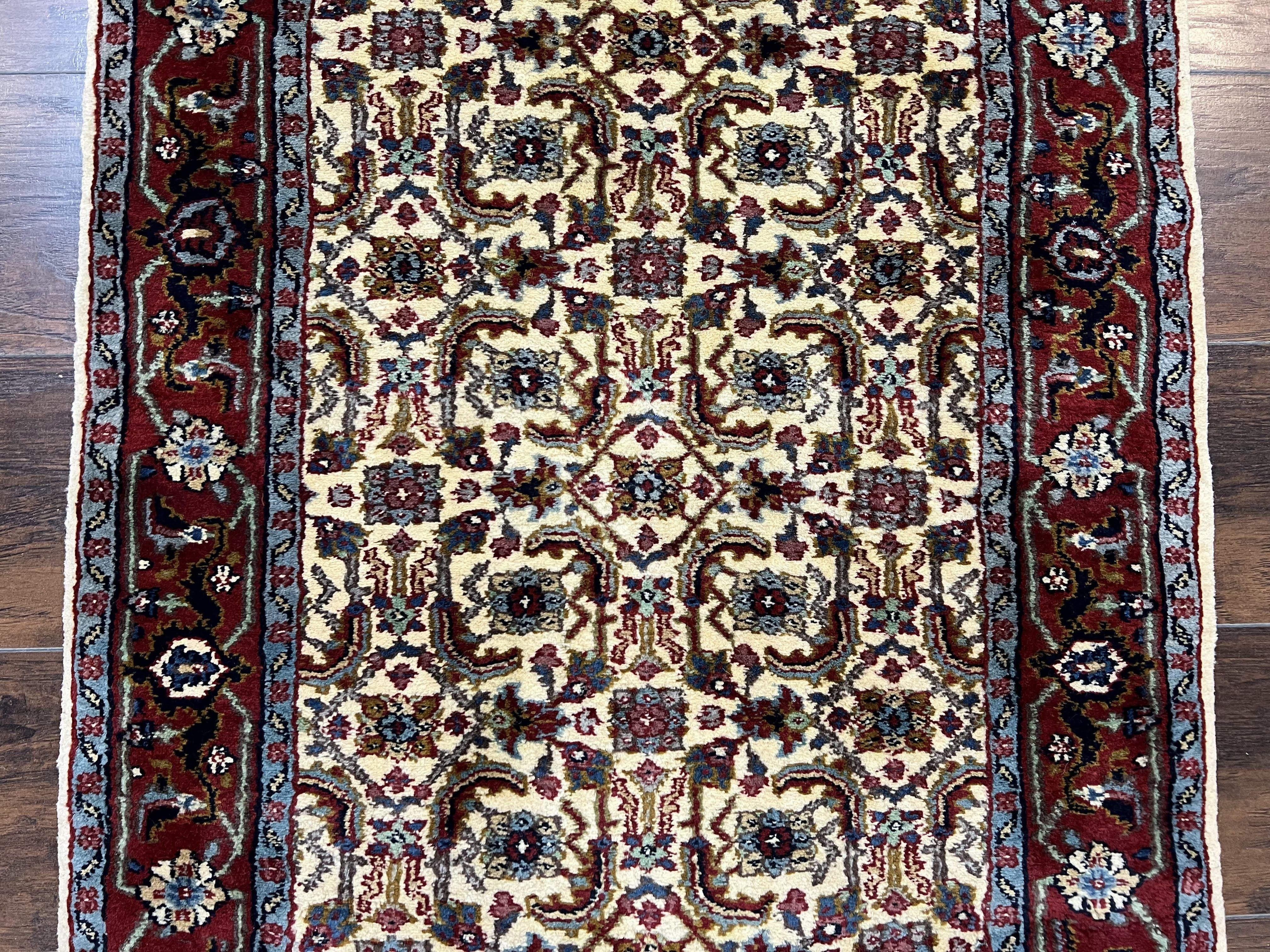 Indo Persian Runner Rug 2.6 x 8.4, Allover Herati Design Cream and Maroon, Vintage Wool Hand Knotted Handmade Indian Runner Rug, Hallway Rug - Jewel Rugs