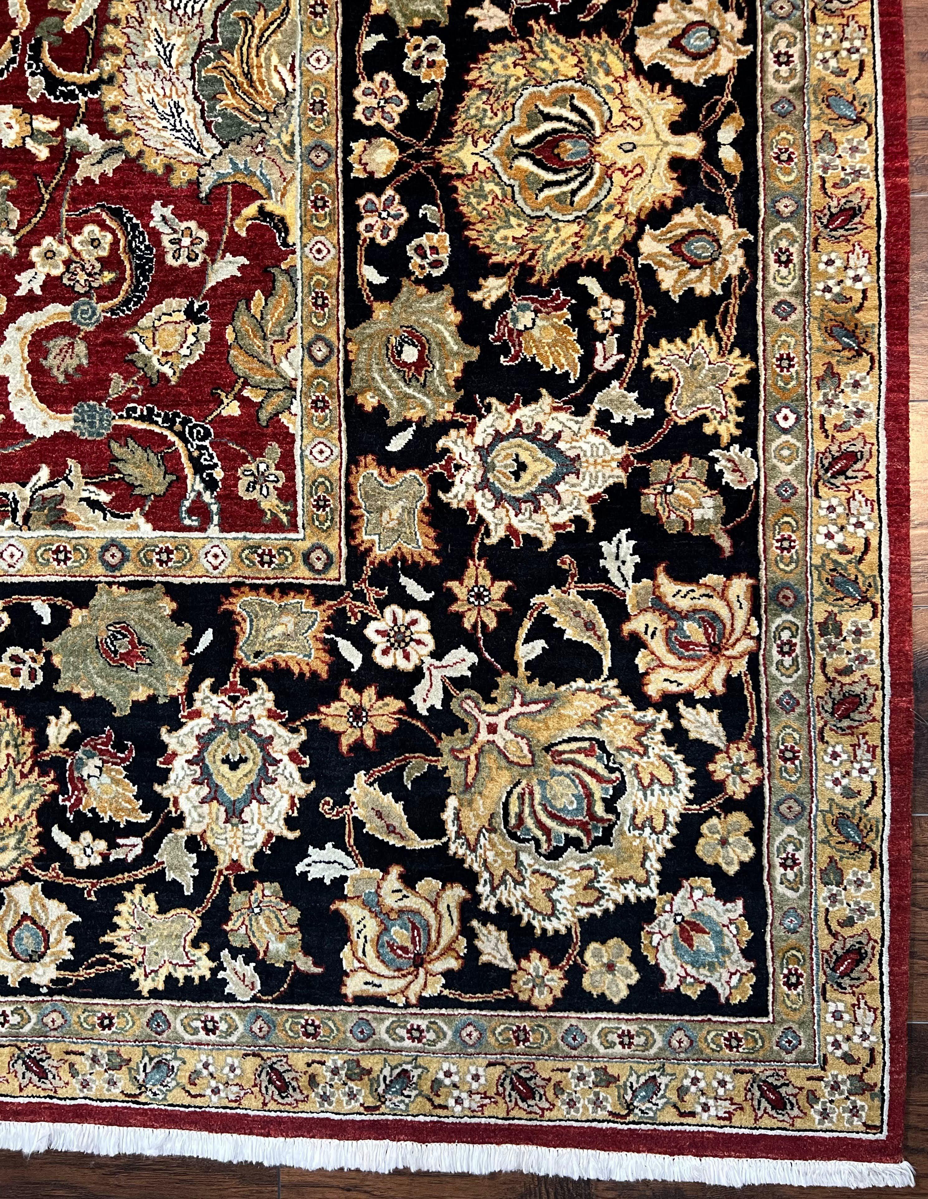 Indo Persian Rug 10x14, Large Oriental Carpet 10 x 14 ft, Dark Red Black Gold Floral Allover Rug, Traditional Room Sized Handmade Wool Rug - Jewel Rugs