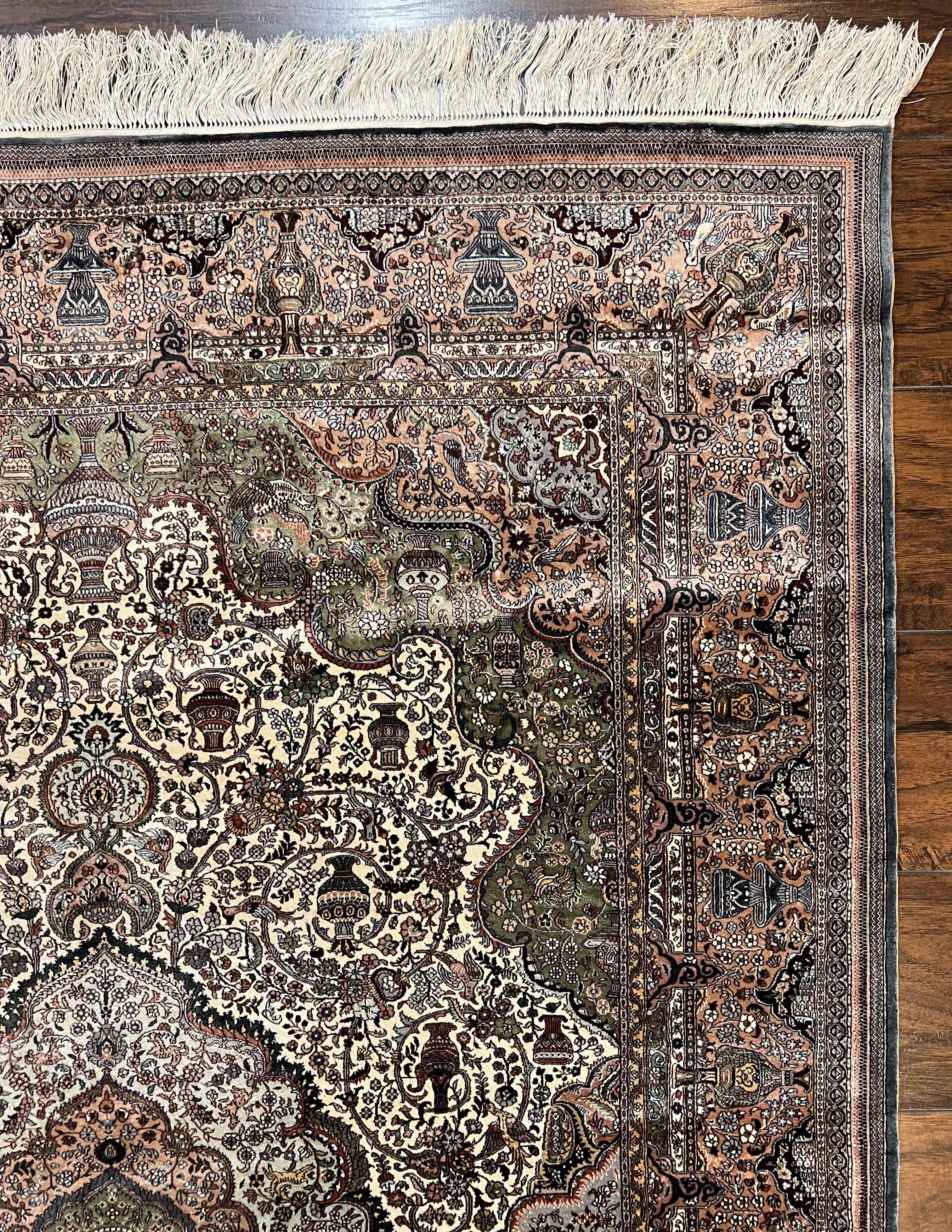 Very Fine Sino Persian Silk Rug 4x6, Floral Medallion, Hand Knotted, Silk Pile on Silk Foundation, Ivory, Vintage Handmade Oriental Carpet - Jewel Rugs