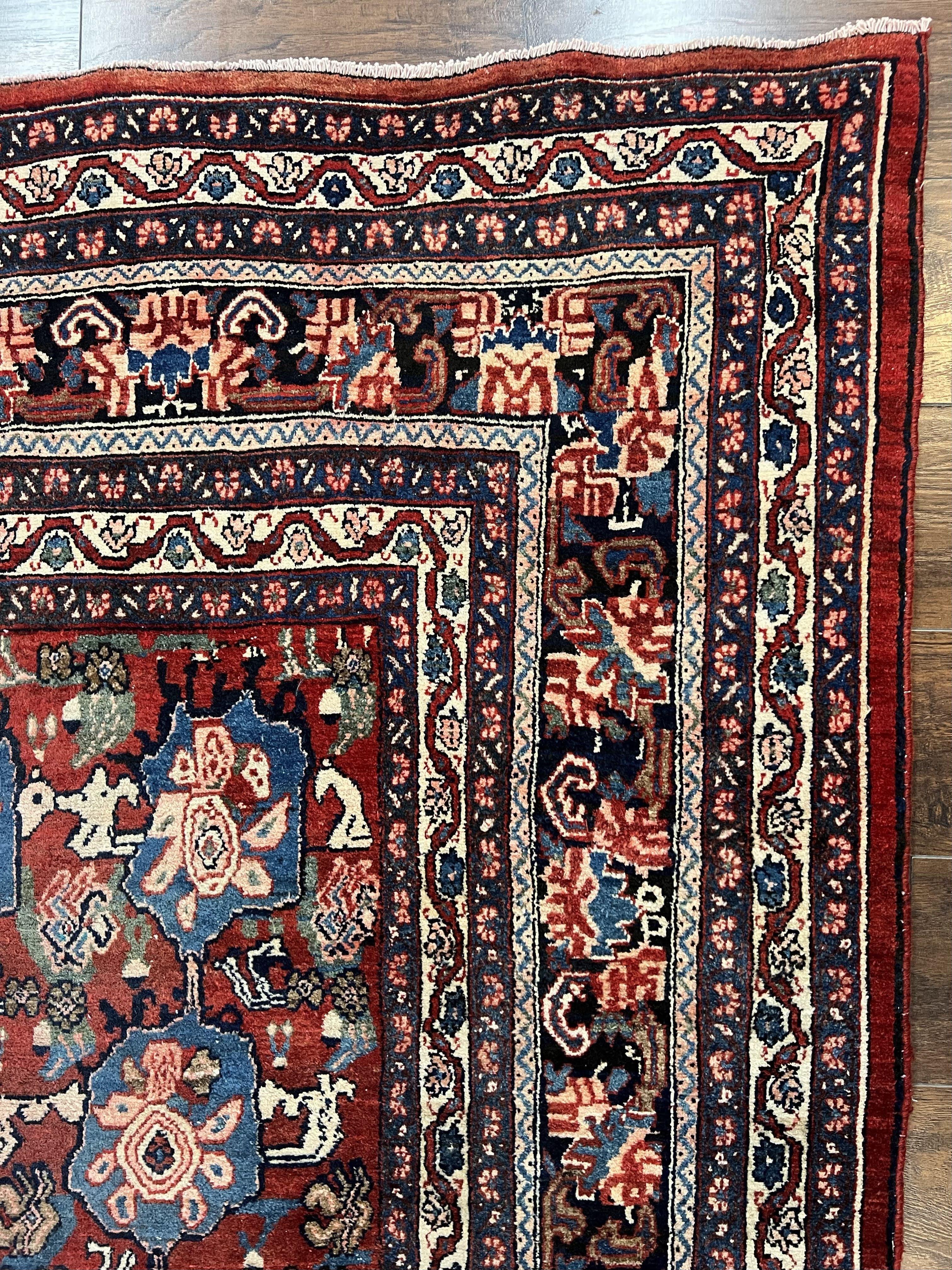 Antique Persian Bijar Rug 9x12 - Allover Motif, Red & Blue - Jewel Rugs