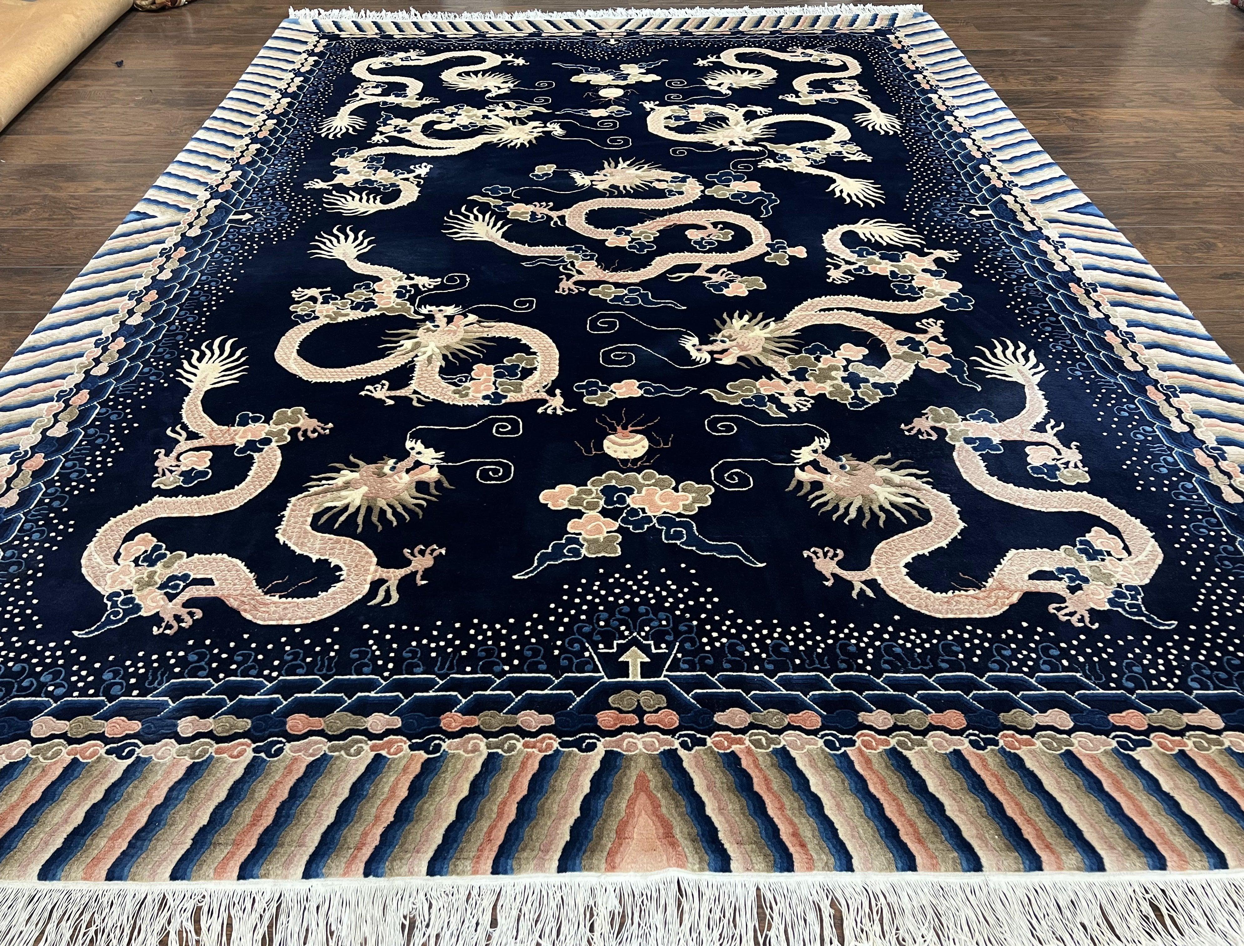 Rare Chinese Peking Rug 8x11, Chinese Dragon Carpet with Rainbow Border, Navy Blue and Beige, Handmade Hand Knotted, Semi Antique, Wool Rug - Jewel Rugs