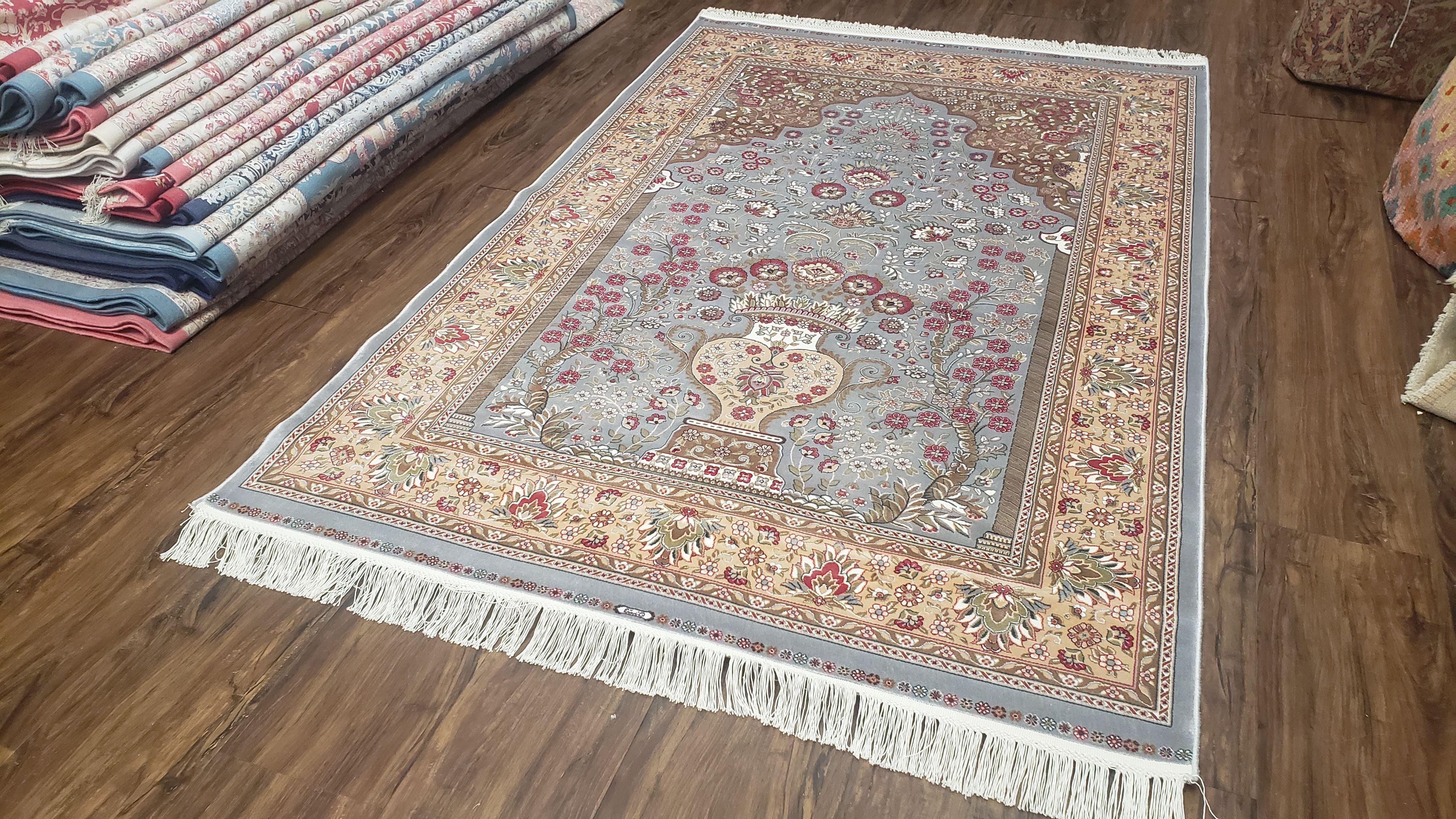 4x6 Silk Carpet, Teal & Beige All Silk Rug, Persian Vase Flowers Design, Silk on Silk, Super Soft, High Quality, Bamboo Silk, 120 x 180 cm - Jewel Rugs