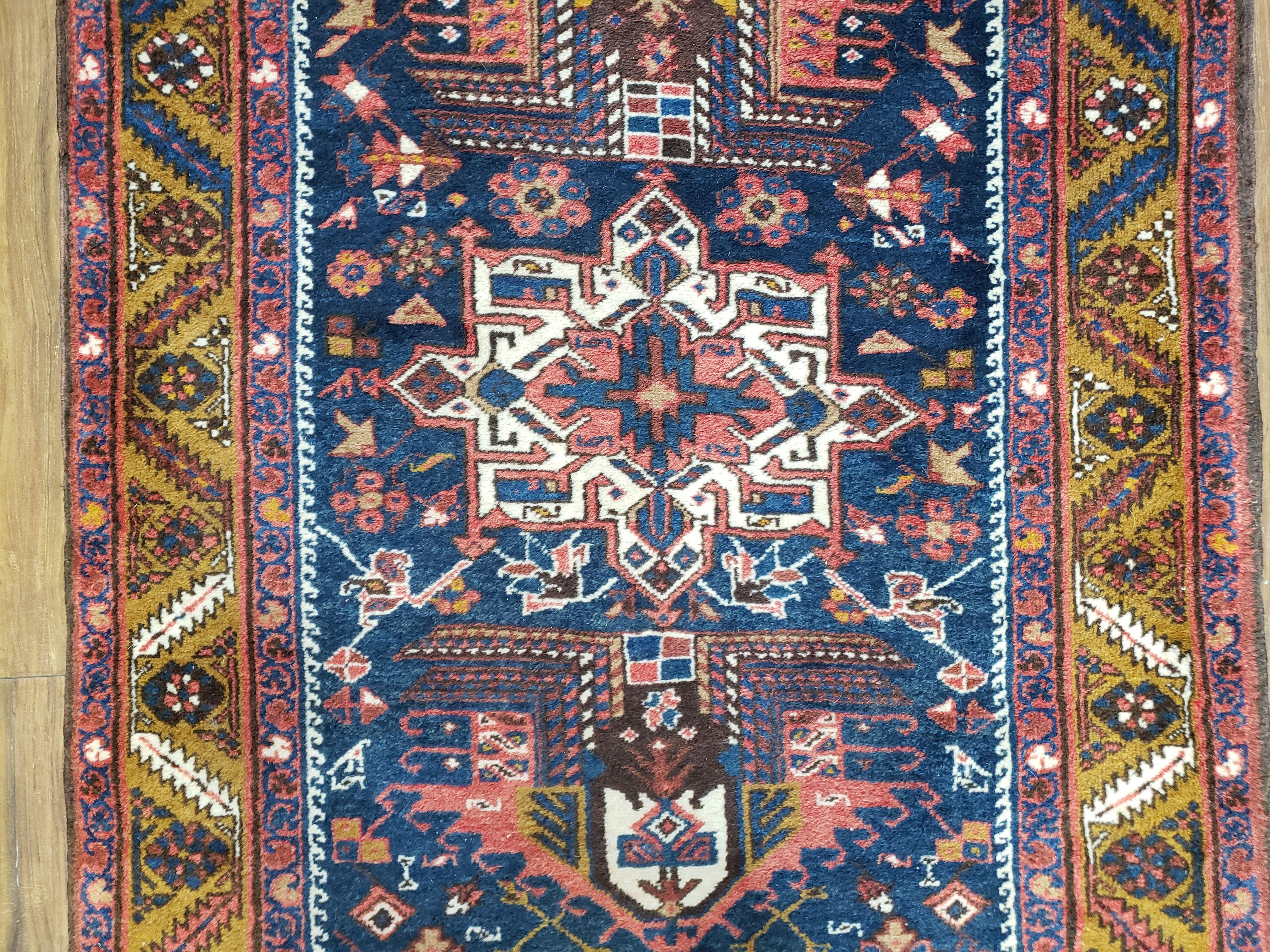 Antique Persian Karajeh Long Runner Rug, Dark Blue & Dark Orange, Hand-Knotted, Wool, 3'2" x 14'6" - Jewel Rugs