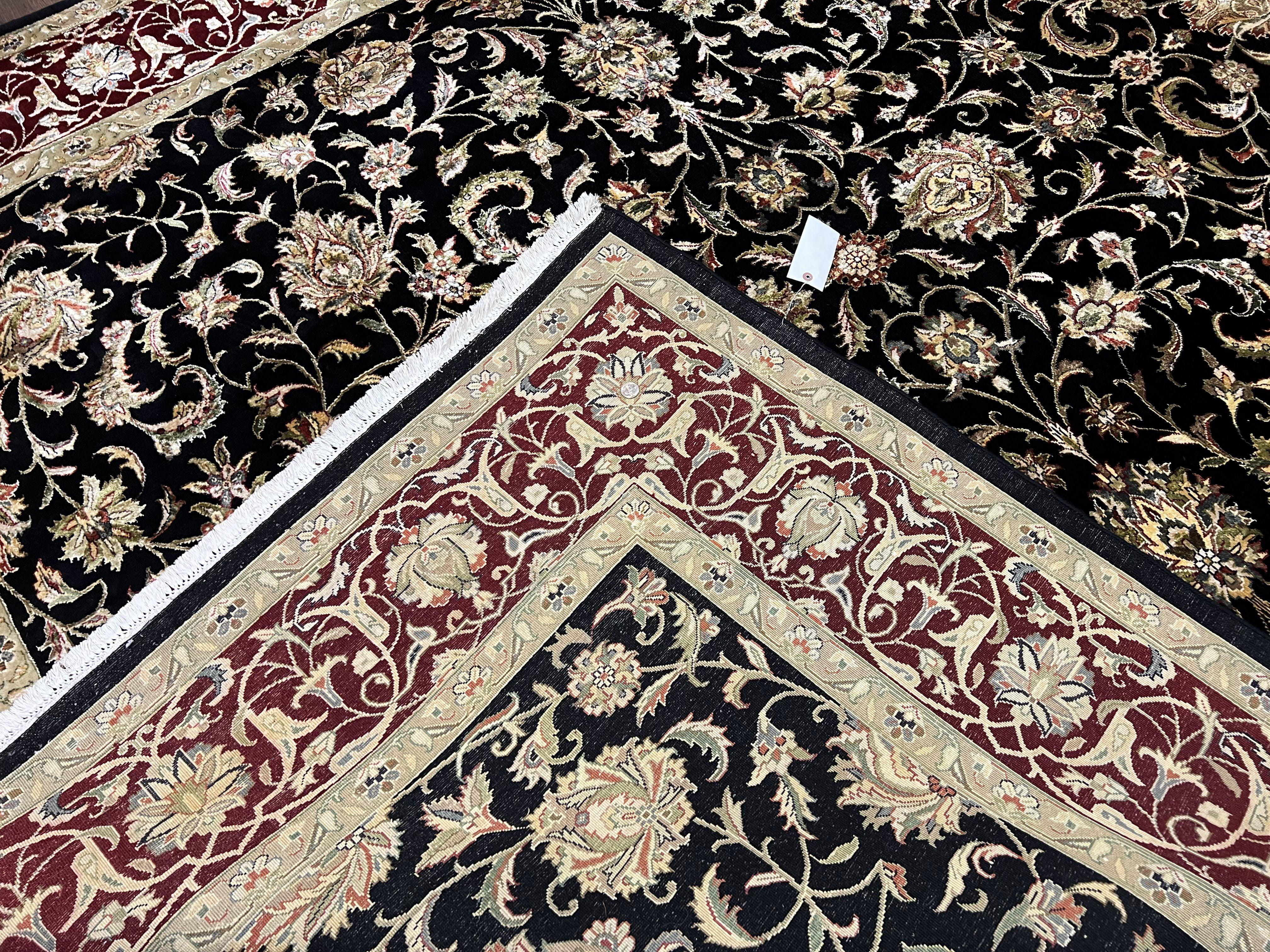 Indo Persian Rug 8x10, Black and Maroon Floral Allover Wool and Silk Oriental Carpet 8 x 10 ft, Hand Knotted Traditional Vintage Room Sized - Jewel Rugs