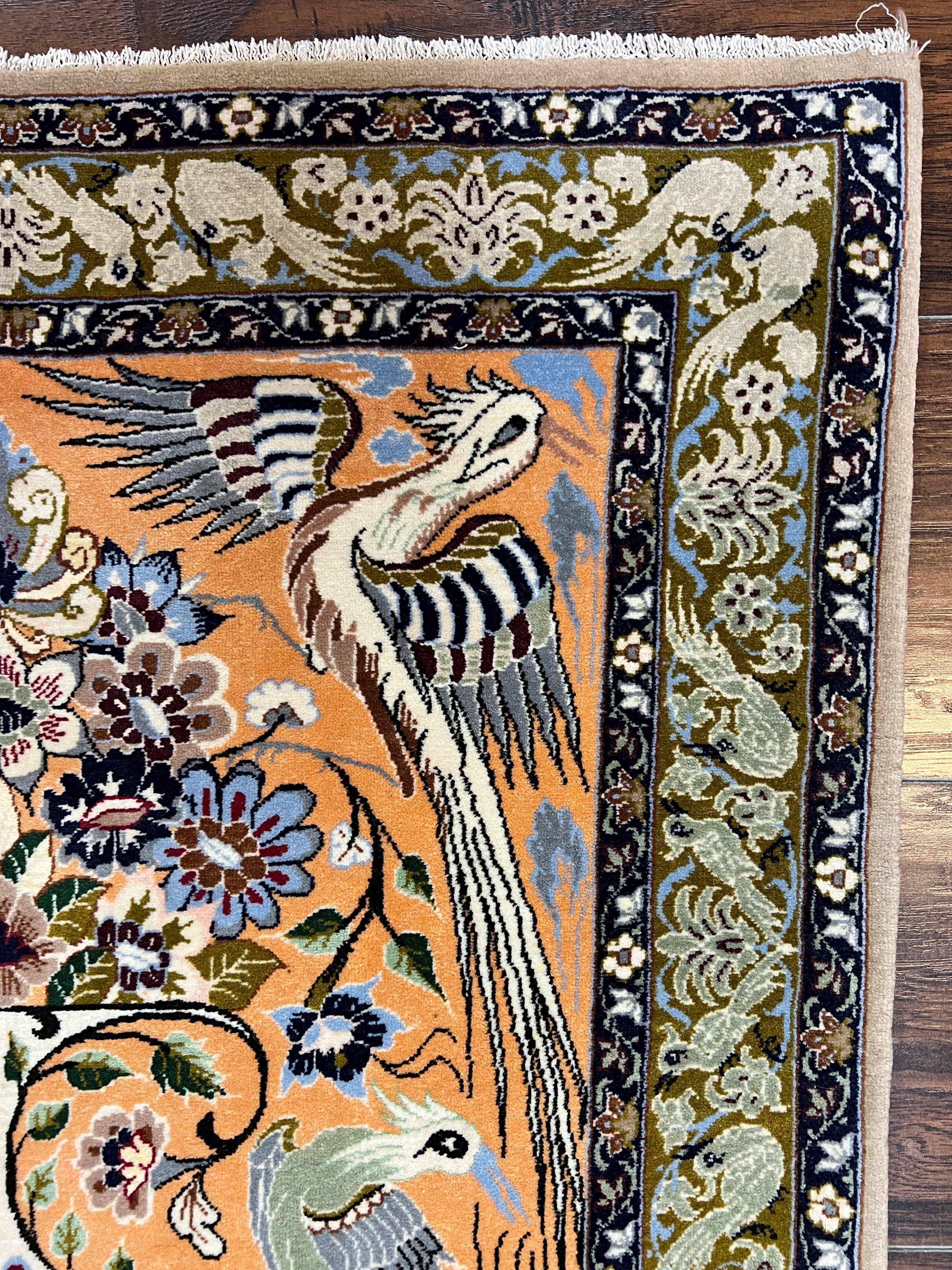 Very Fine Small Persian Isfahan Rug 2.6 x 4, Kork Wool on Silk Hand-Knotted Vintage Animal Pictorials Birds Vase, Signature Masterweaver, Orange - Jewel Rugs