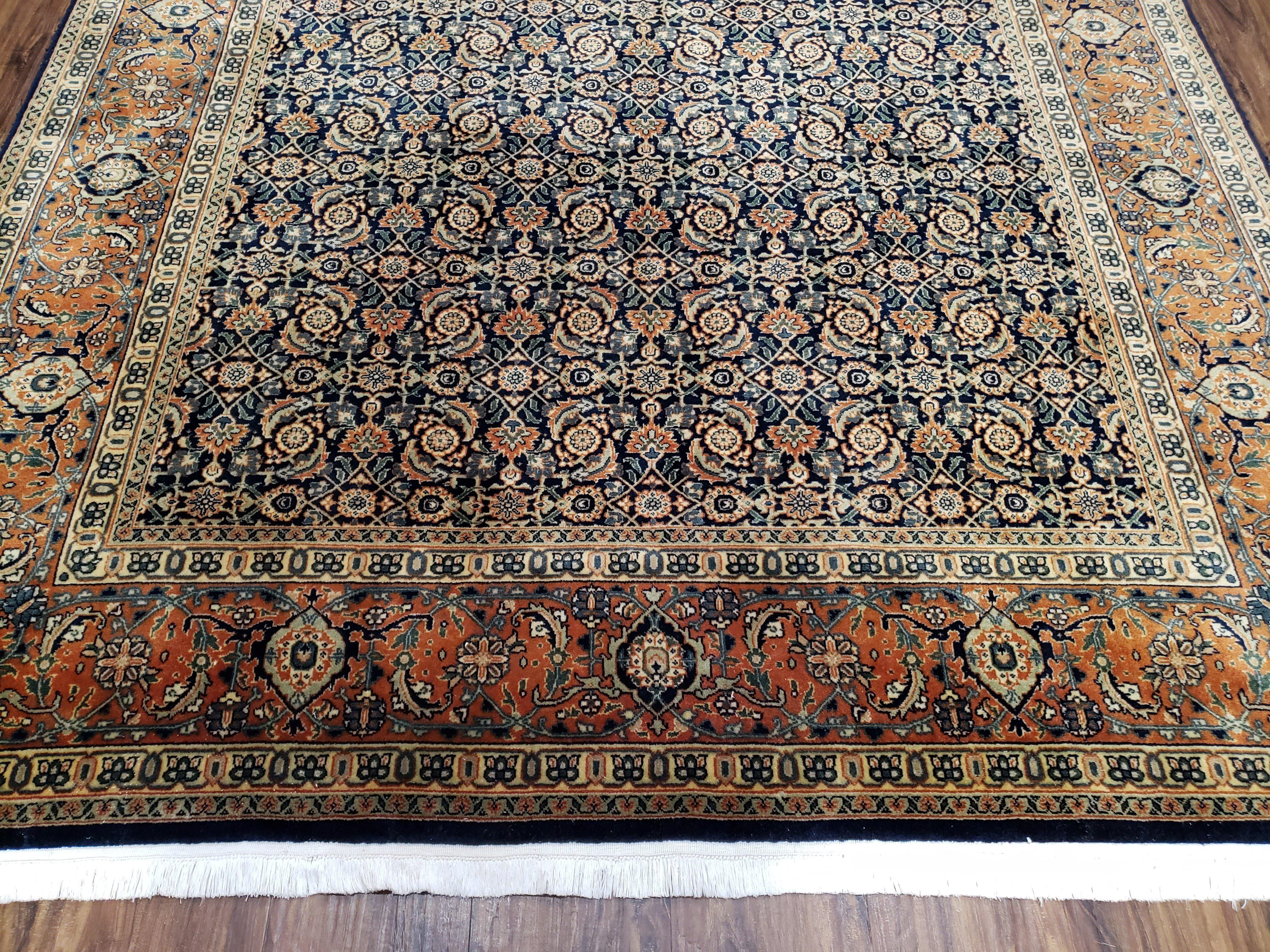 Hand-Knotted Square Rug 6x6 ft, Indo Persian Square Carpet, Indian Mahal Oriental Rug 6 x 6, Midnight Blue Burnt Orange Rug, Vintage, Wool - Jewel Rugs