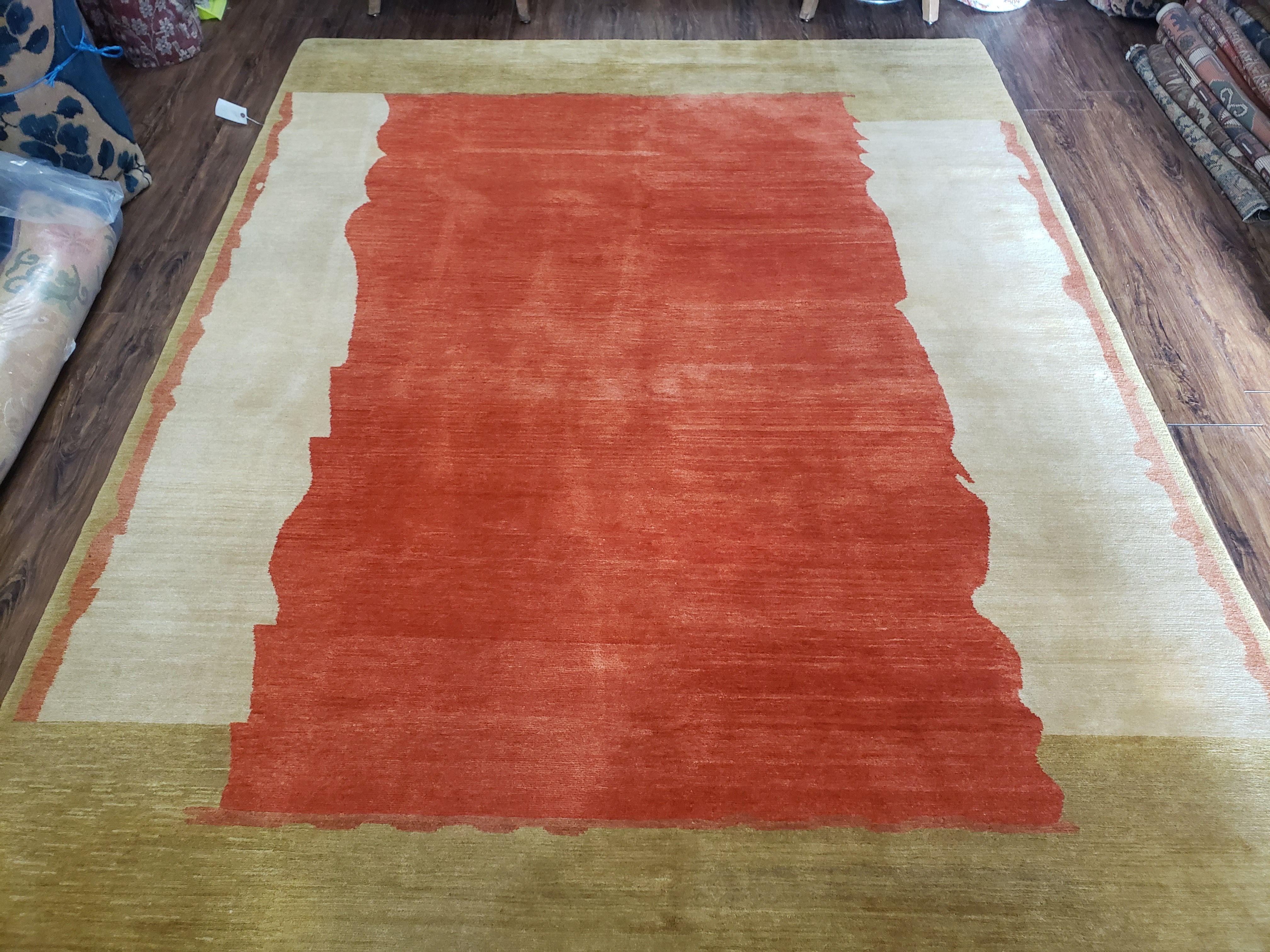 7x9 Modern Area Rug, 7 x 9 Tibetan Rug, 7 by 9 Nepal Rug, Abstract Rug, Wool Rug, Red Gold Ivory Rug, Handmade Tibetan Rug, Dining Room Rug - Jewel Rugs