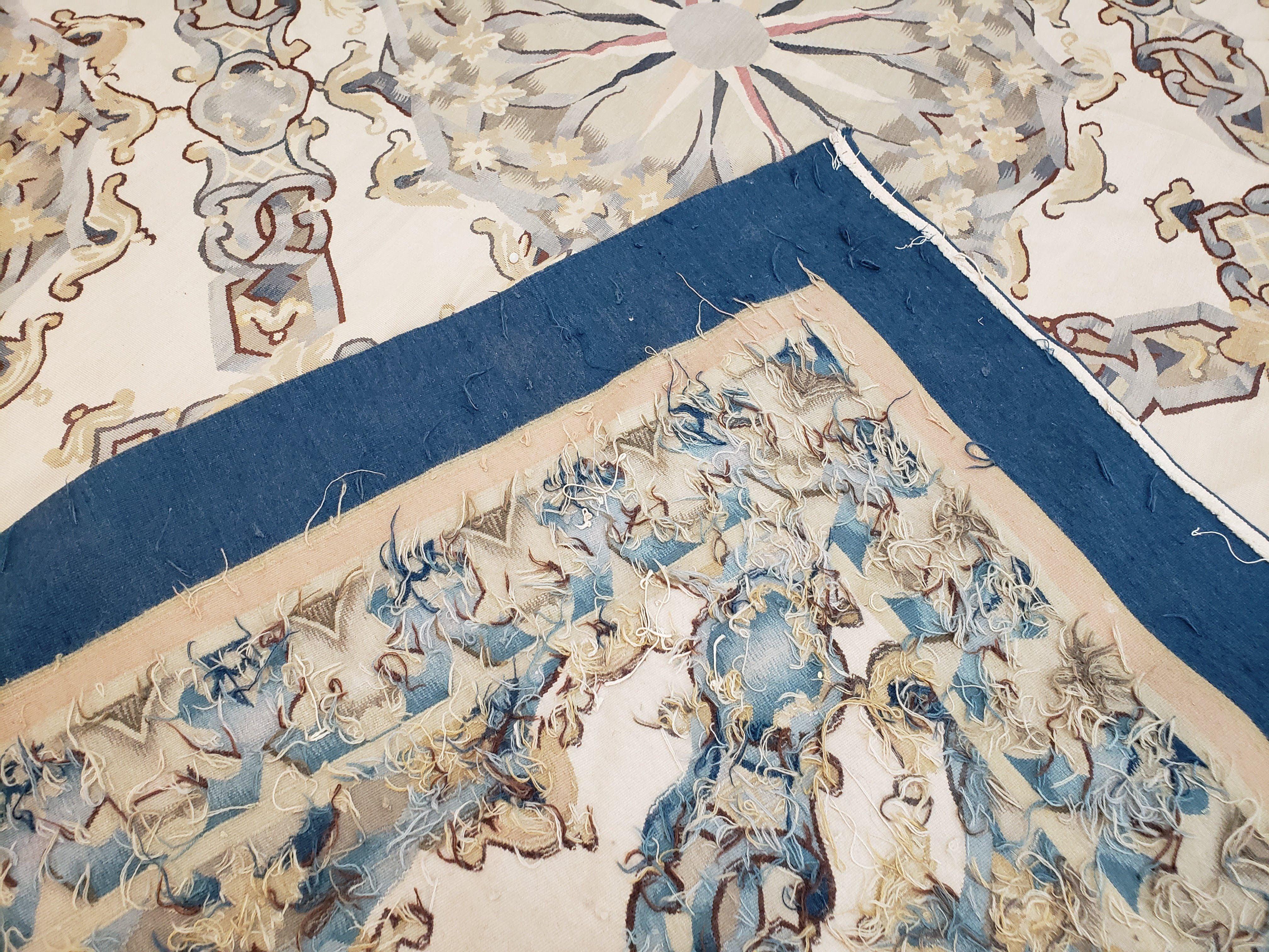 Oversized Aubusson Rug 16 x 21 ft, Palace Sized Flat Weave Carpet, Extra Large Handmade Rug, Flat Weave Chinese Aubusson, Wool, Ivory Blue - Jewel Rugs